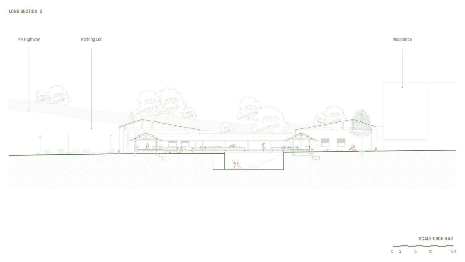This long section illustrates the southeast cut through the site and reveals the influence of the M4 highway to the north. 