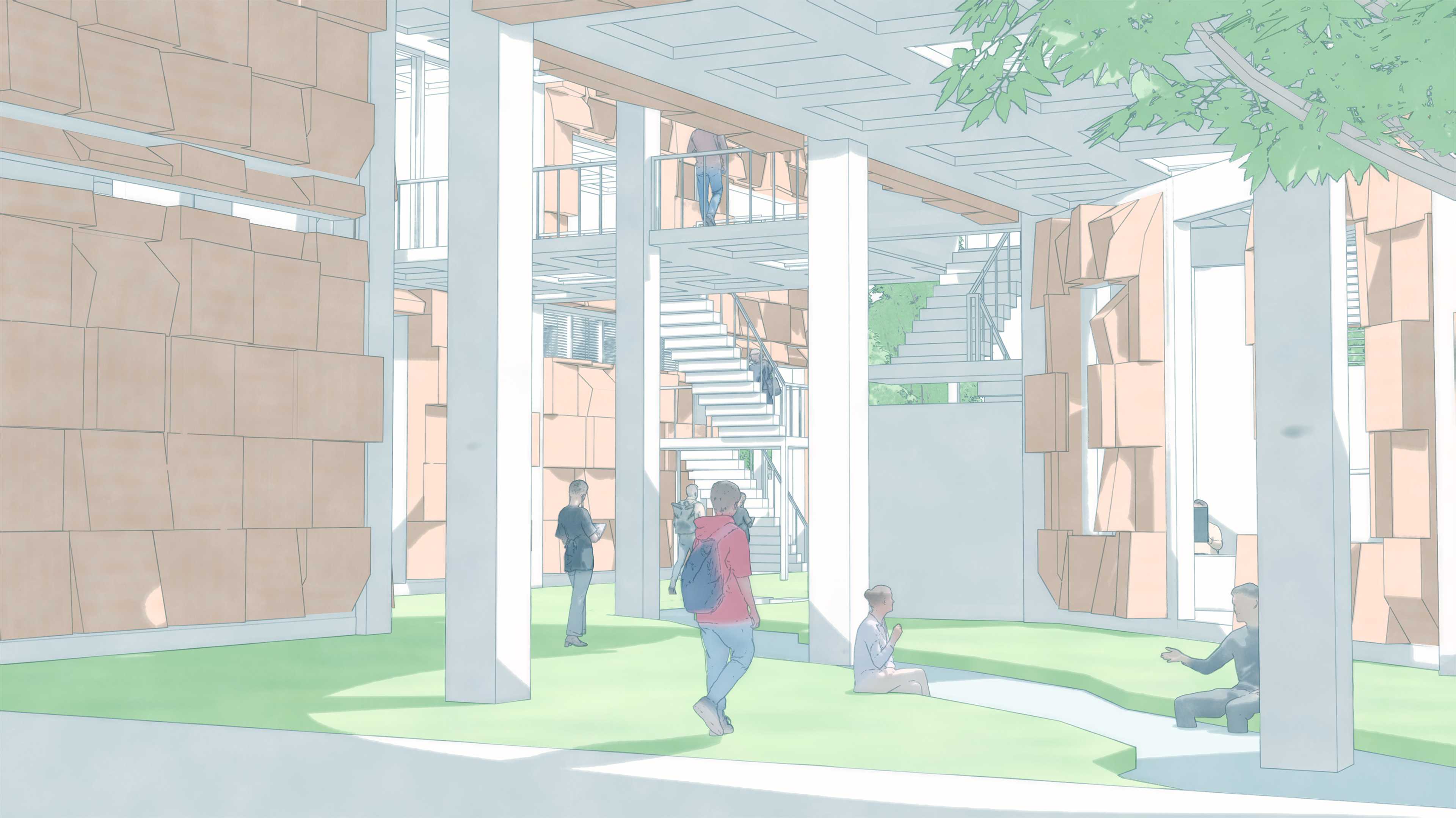 Students gather along ground terraces shaped by the former creek, walking and dipping their legs into the water in summer as the internal street becomes an informal shared learning landscape.