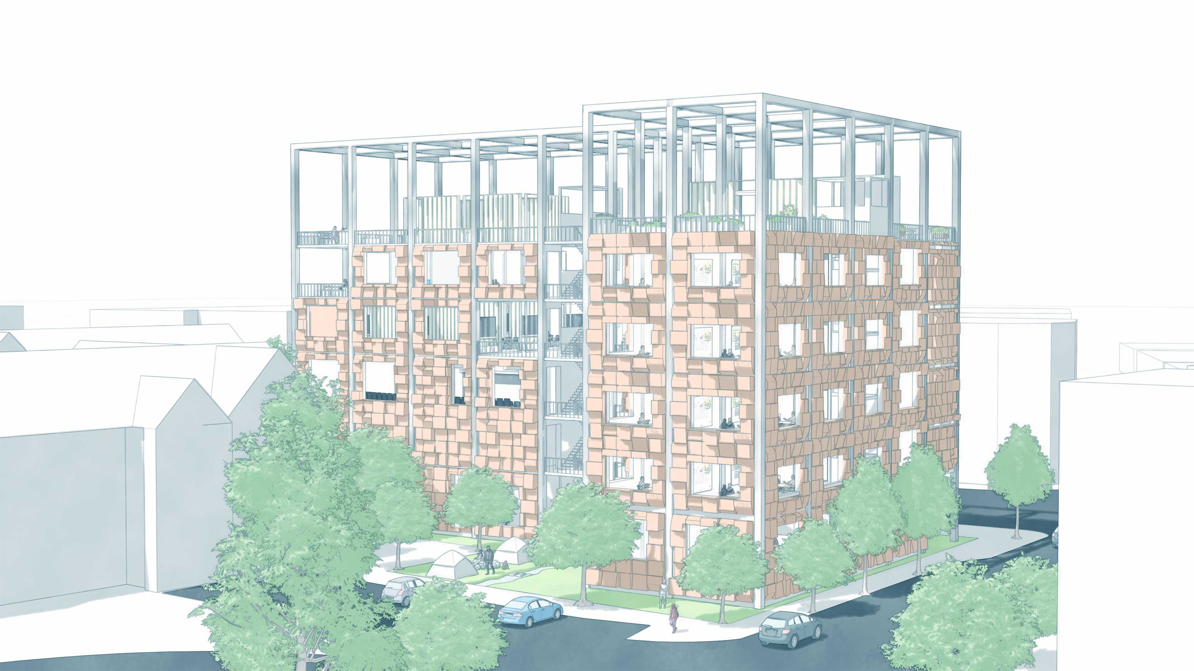 The building’s brick façade recalls eroded creek strata, while deep openings and a light steel crown form layered terraces that draw daylight, ventilation, and communal life through the upper levels.