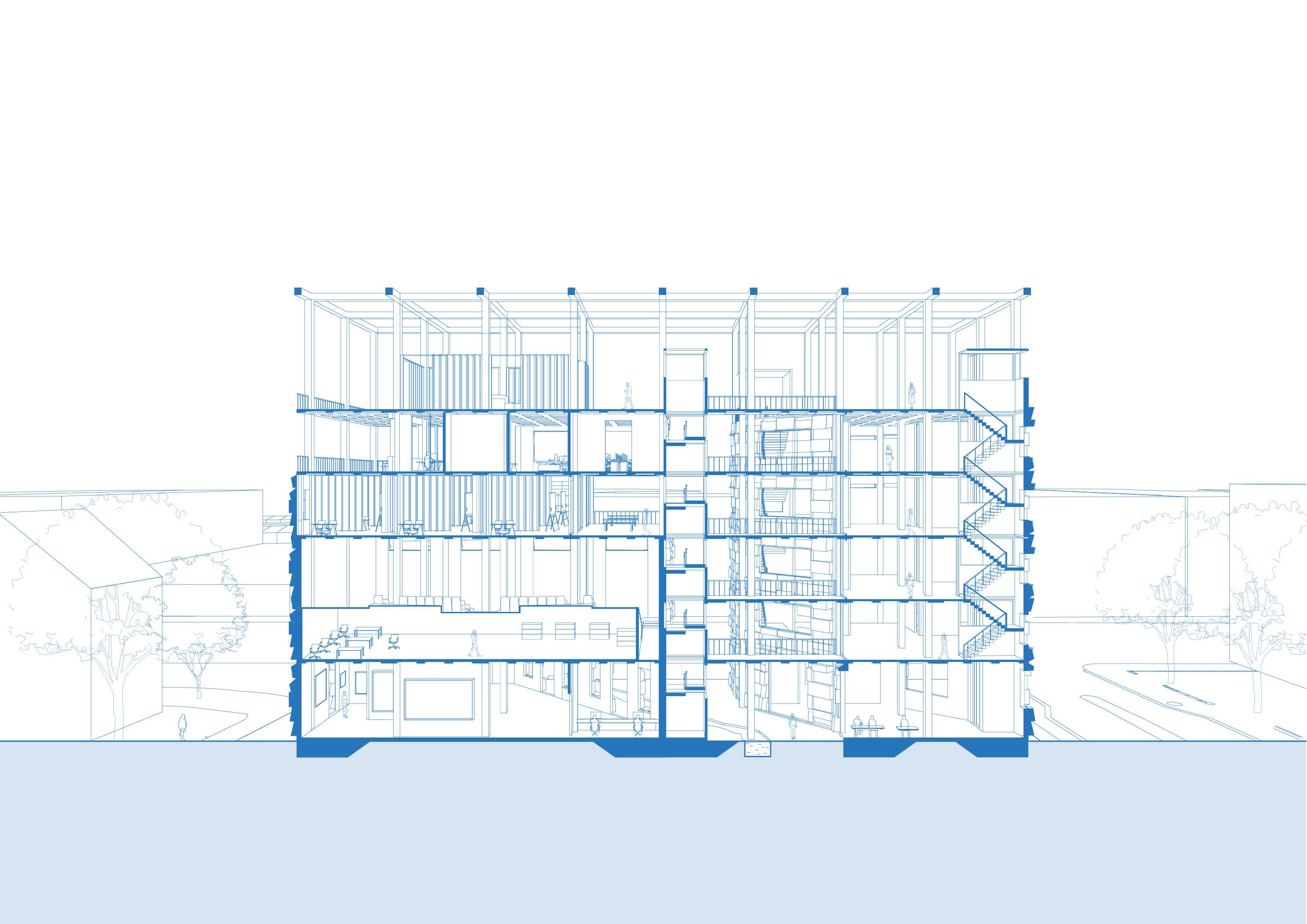 The section shows tiered learning floors linked by a central spine, where studios, terraces, and circulation spaces connect the two buildings as natural light guides movement, study, and shared activity.