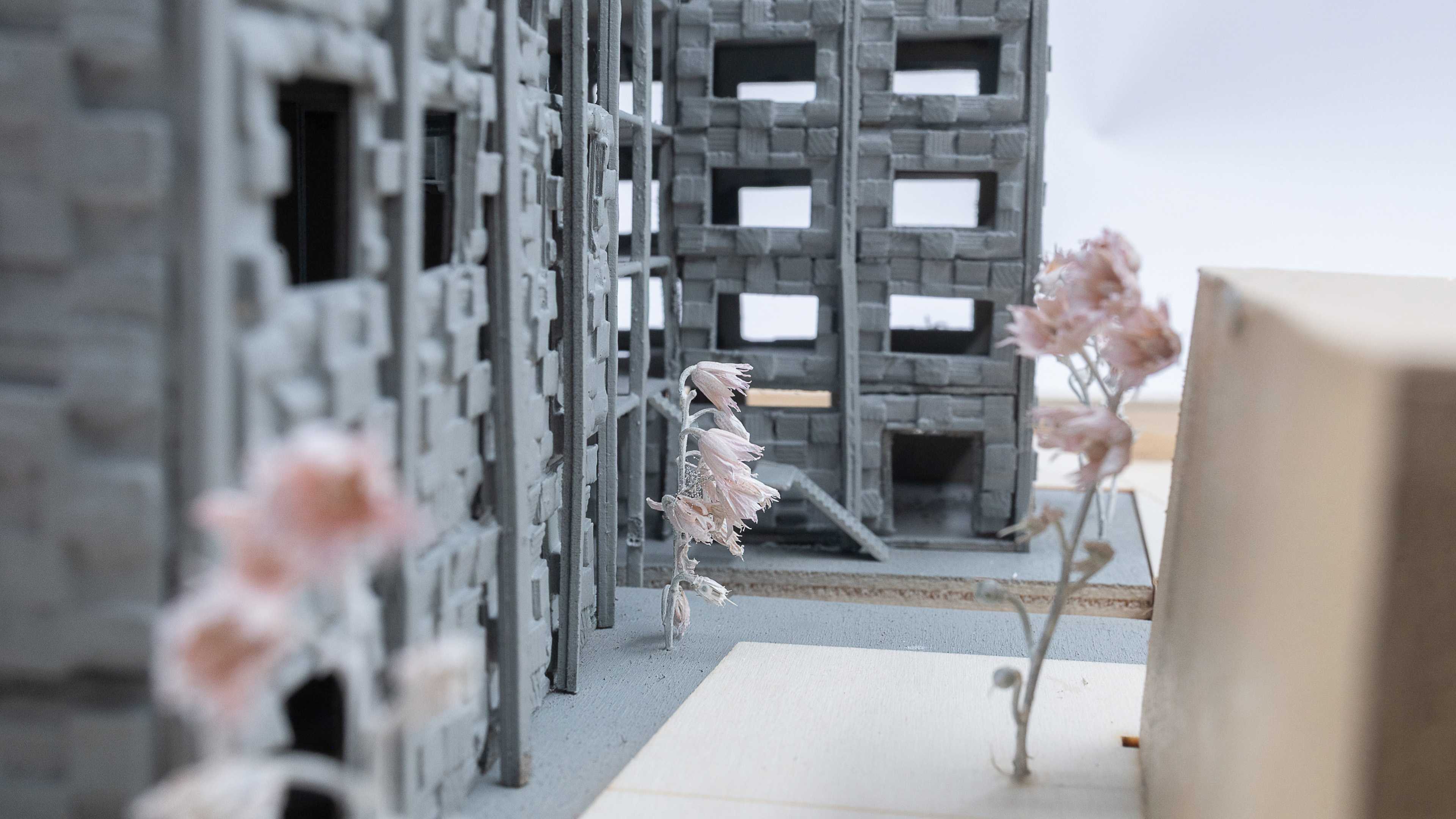 Soft vegetation grows against the textured façade contrast between delicate plant life and the rugged brick-like surfaces, while the small opening frames a threshold between built form and outdoor ground.