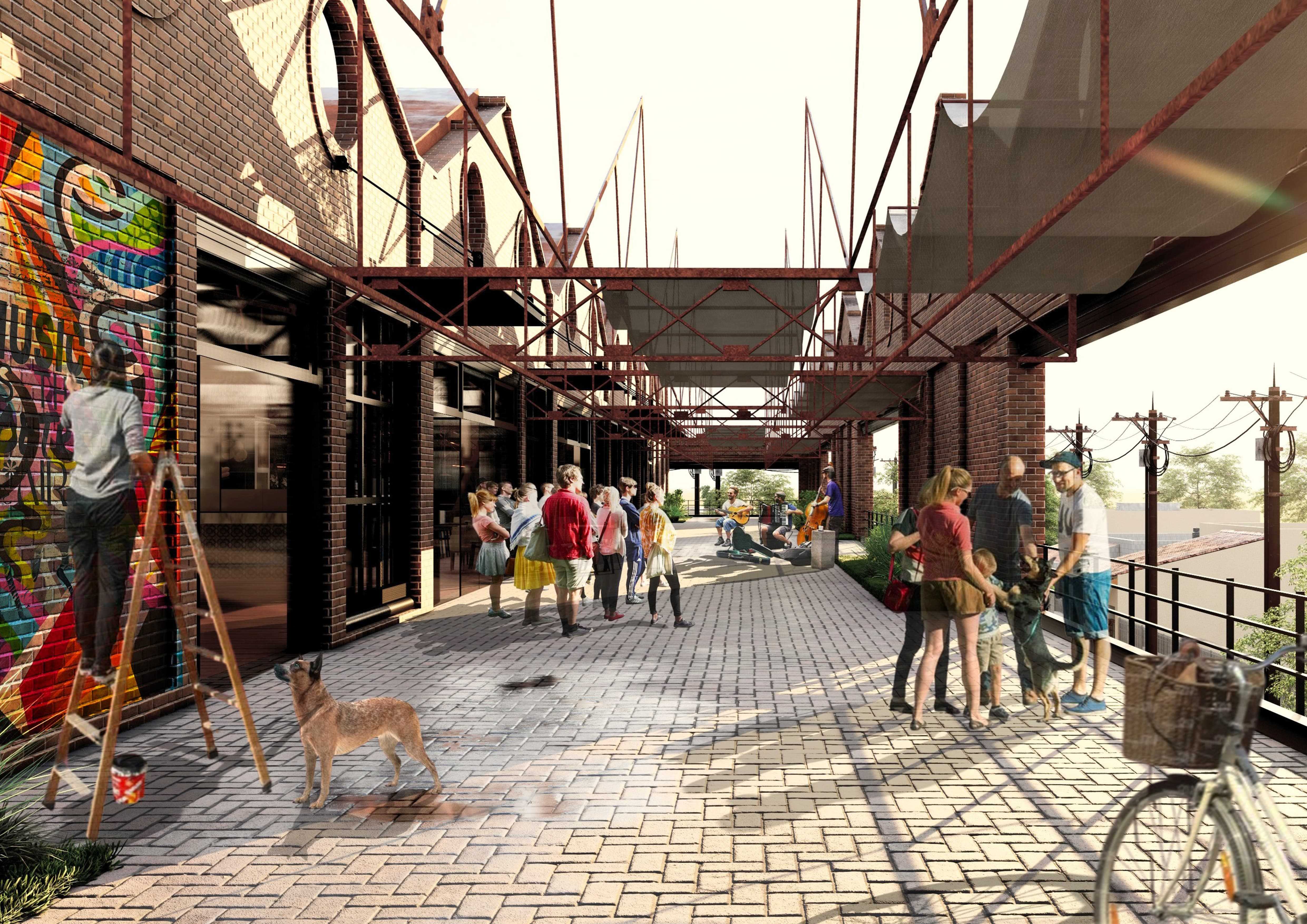 The renewed laneway operates as a cultural corridor where artistic production, informal gathering, and daily activities occur simultaneously. The former industrial relic becomes a collaborative urban ground.