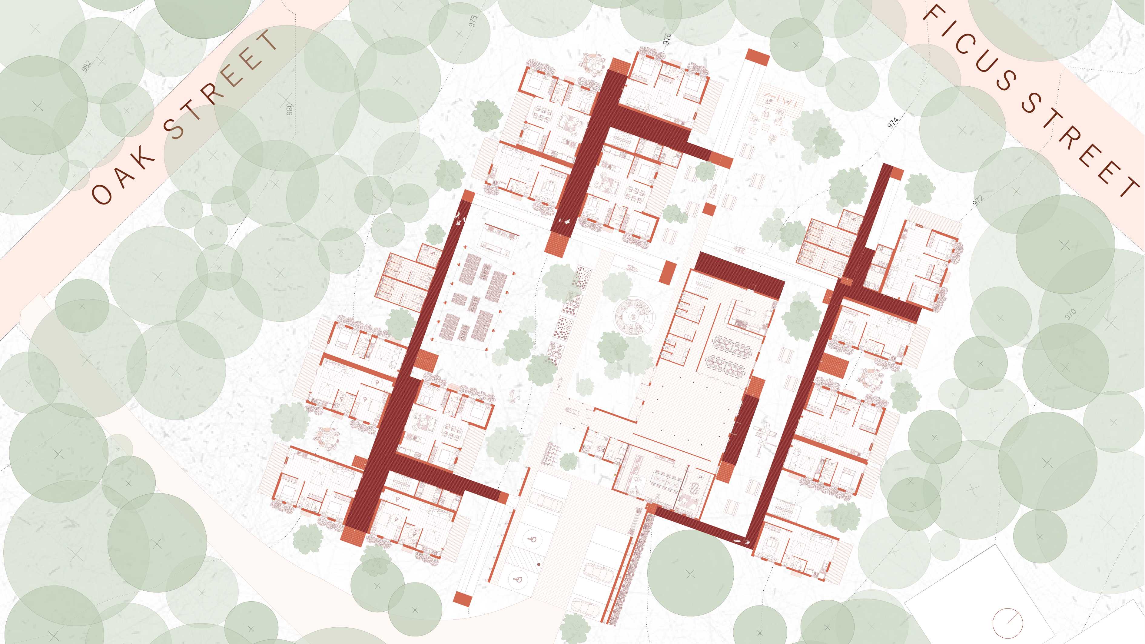 A continuous, accessible pathway links the cluster housing, guiding residents to the heart of the community building. Open spaces blend nature and architecture, strengthening communal ties and deepening connection to Country.