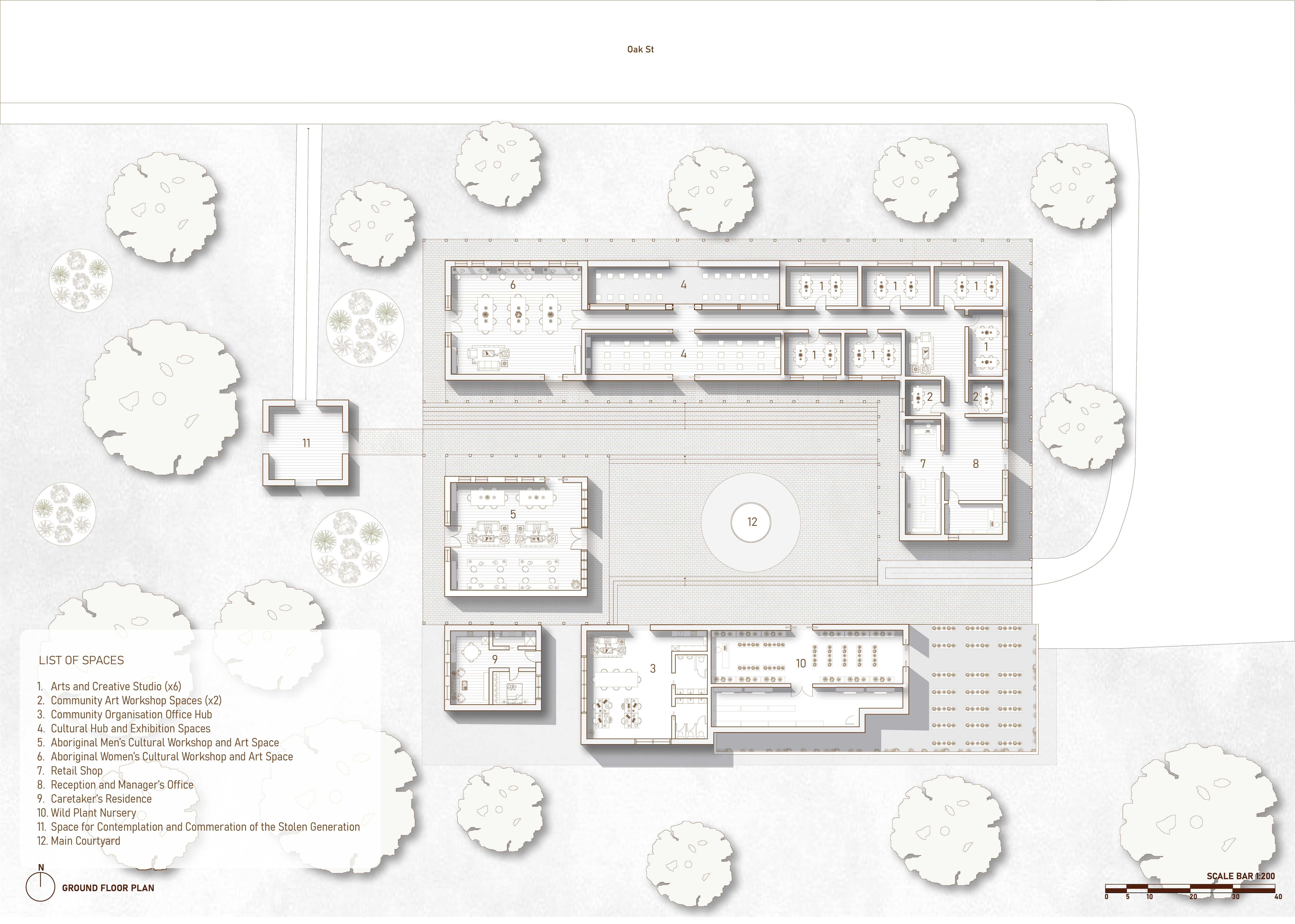 A series of creative arts studios, workshops, community and wild plant spaces arranged in a looping circulation pattern, signifying the courtyard and fire place as the heart of the hub.