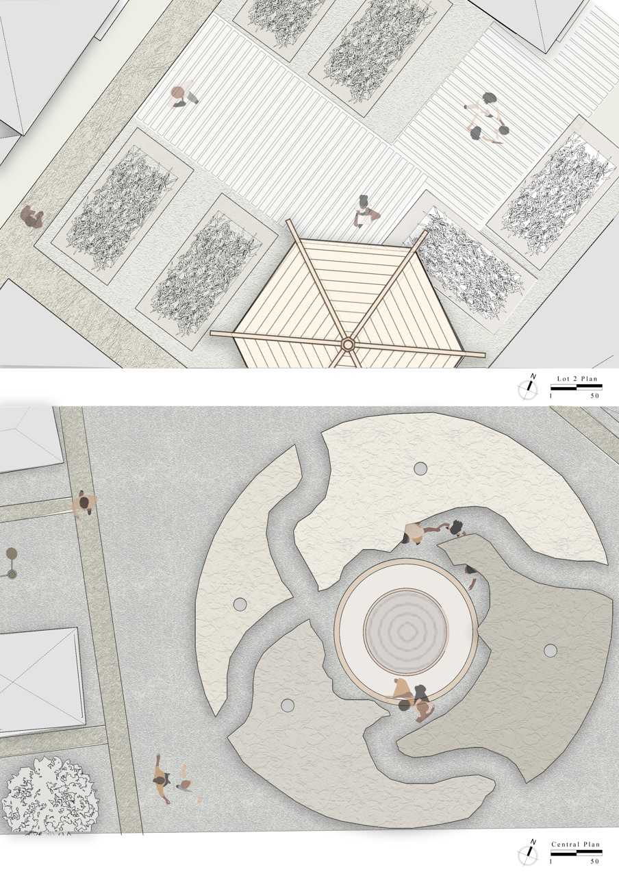 Visualization of central spaces - Garden + Fire circle canopy
