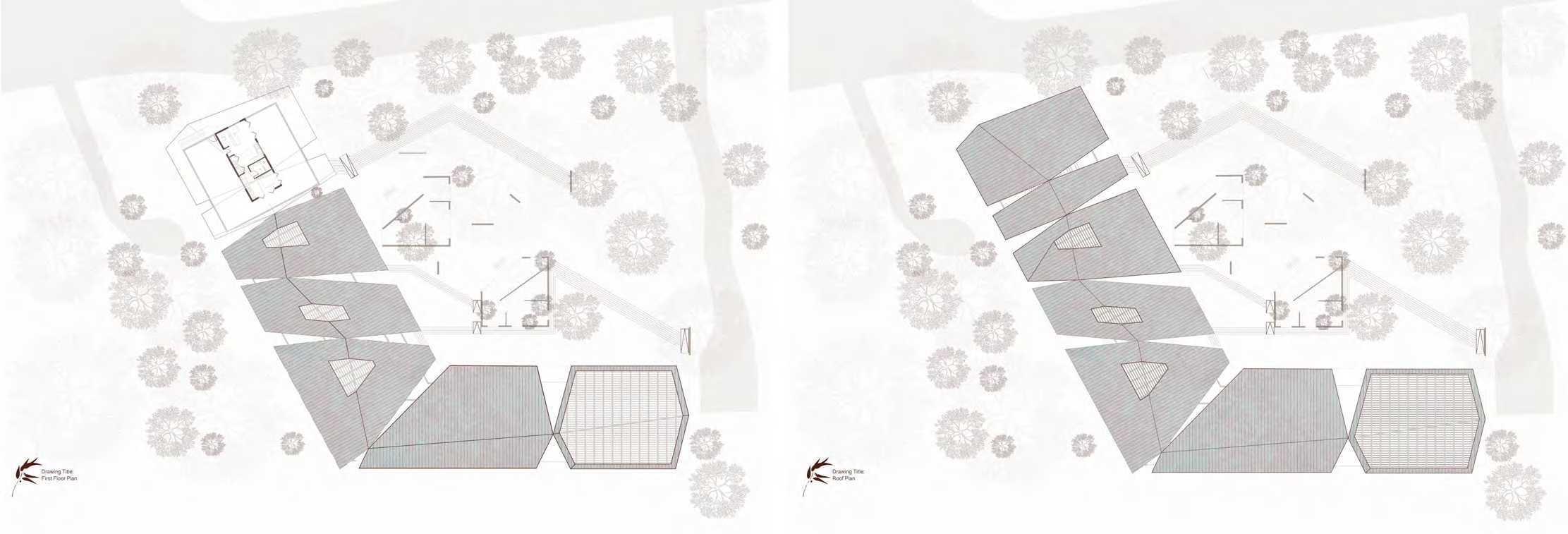 The first floor offers an elevated retreat oriented to light and escarpment views, while the fractured, shifting roof planes echo the site’s contours, forming a protective, landscape-like canopy.