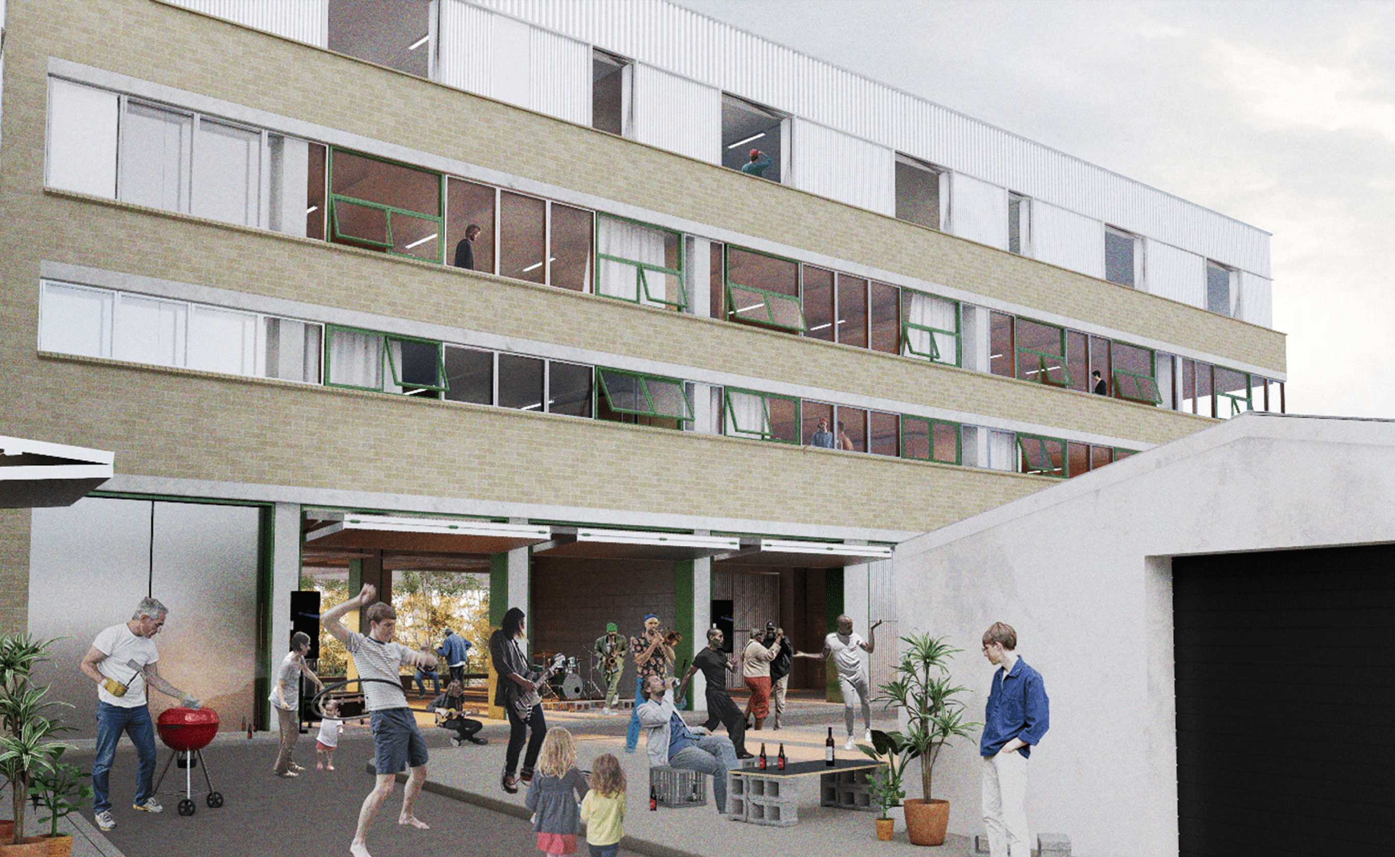 On ground, a bank of garage studios occupies the western edge, with large vertical bifold doors opening up onto the adjacent laneway. When open, these doors help to define this space as an extension of the building, as well as acting as a signifier of its public use. These spaces are intended to be occupied by more community-oriented programs, such as markets, block parties, festivals, and performances, providing a platform for Auburn to accommodate a series of uses.