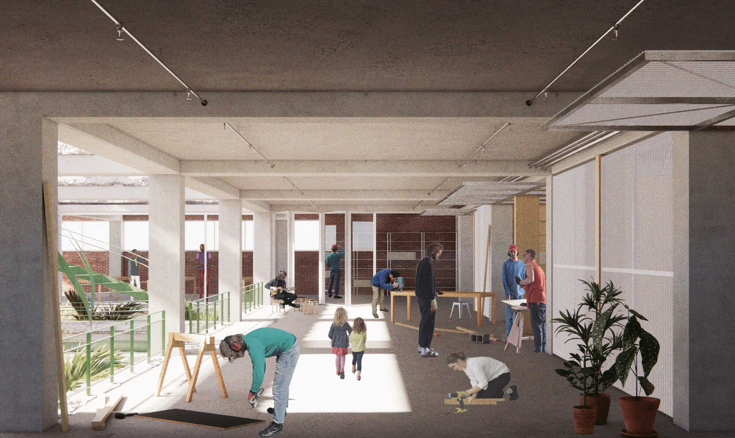 Within The Garage, there is just as much emphasis placed on the third space as there is on the garage itself, with each being allocated an equivalent amount of floor area. The third space functions as an area for cooperative activities; a space informed, programmed, and inhabited by the community and the tasks they undertake within the building.