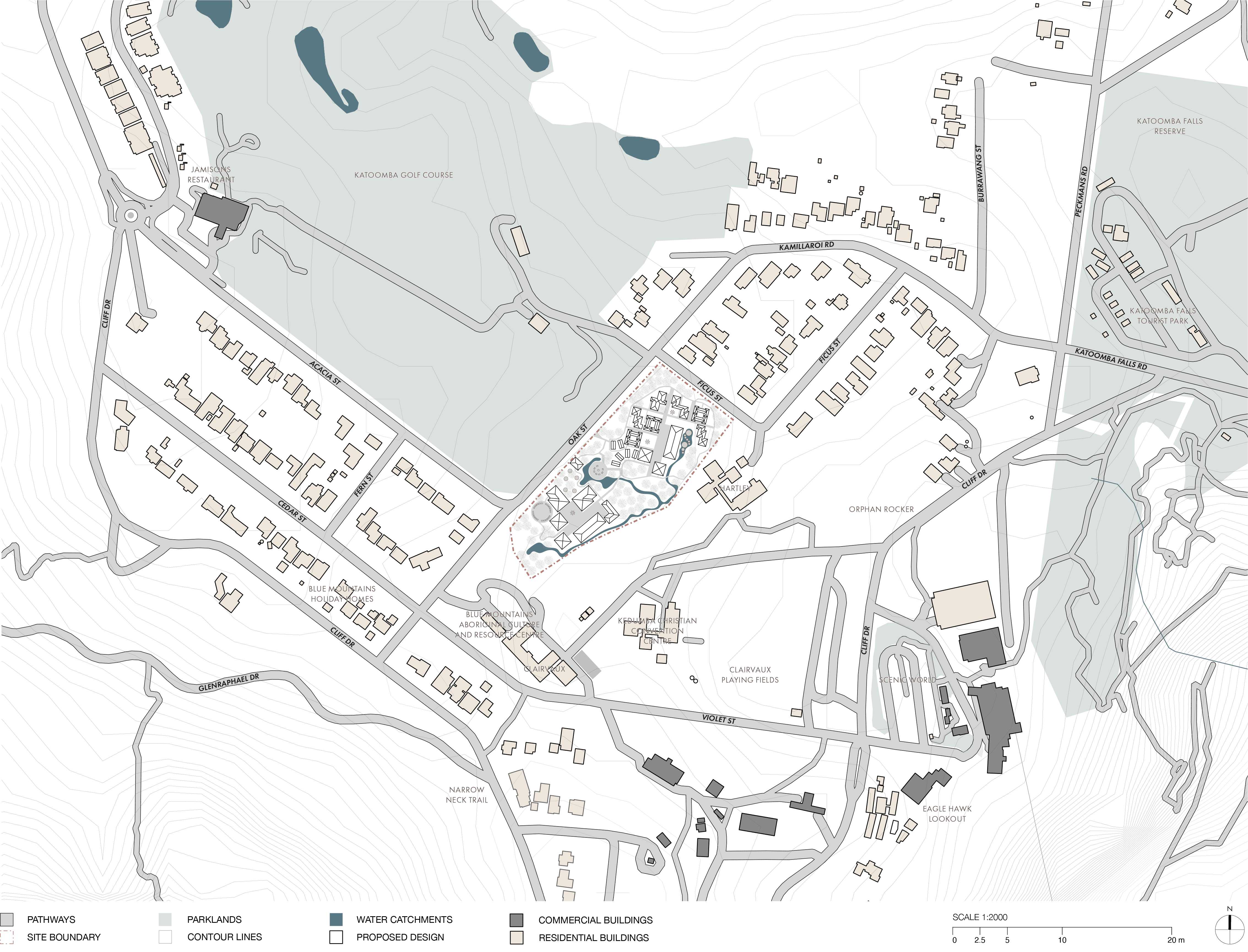 LOCATION PLAN (1:2000) - The site is quietly nestled within the trees, distanced from the Katoomba town centre. This isolation gives it a sense of stillness and a sacred pause.
