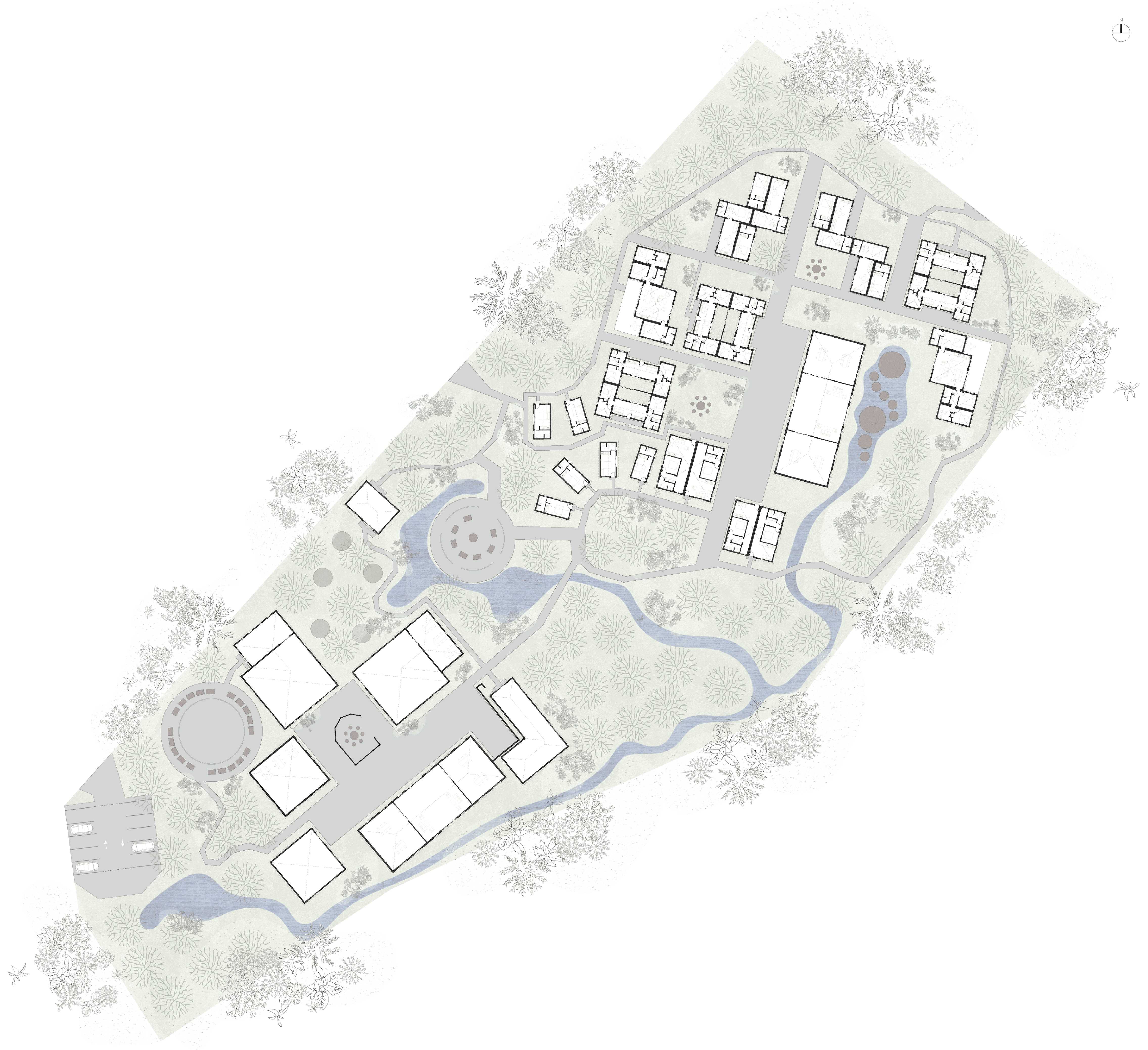 FLOOR PLAN (1:200) - Straight pathways act as the spine of the design, grounding the grid-like formation. The fluid paths weave through the trees conveying harmony between structure and nature. 