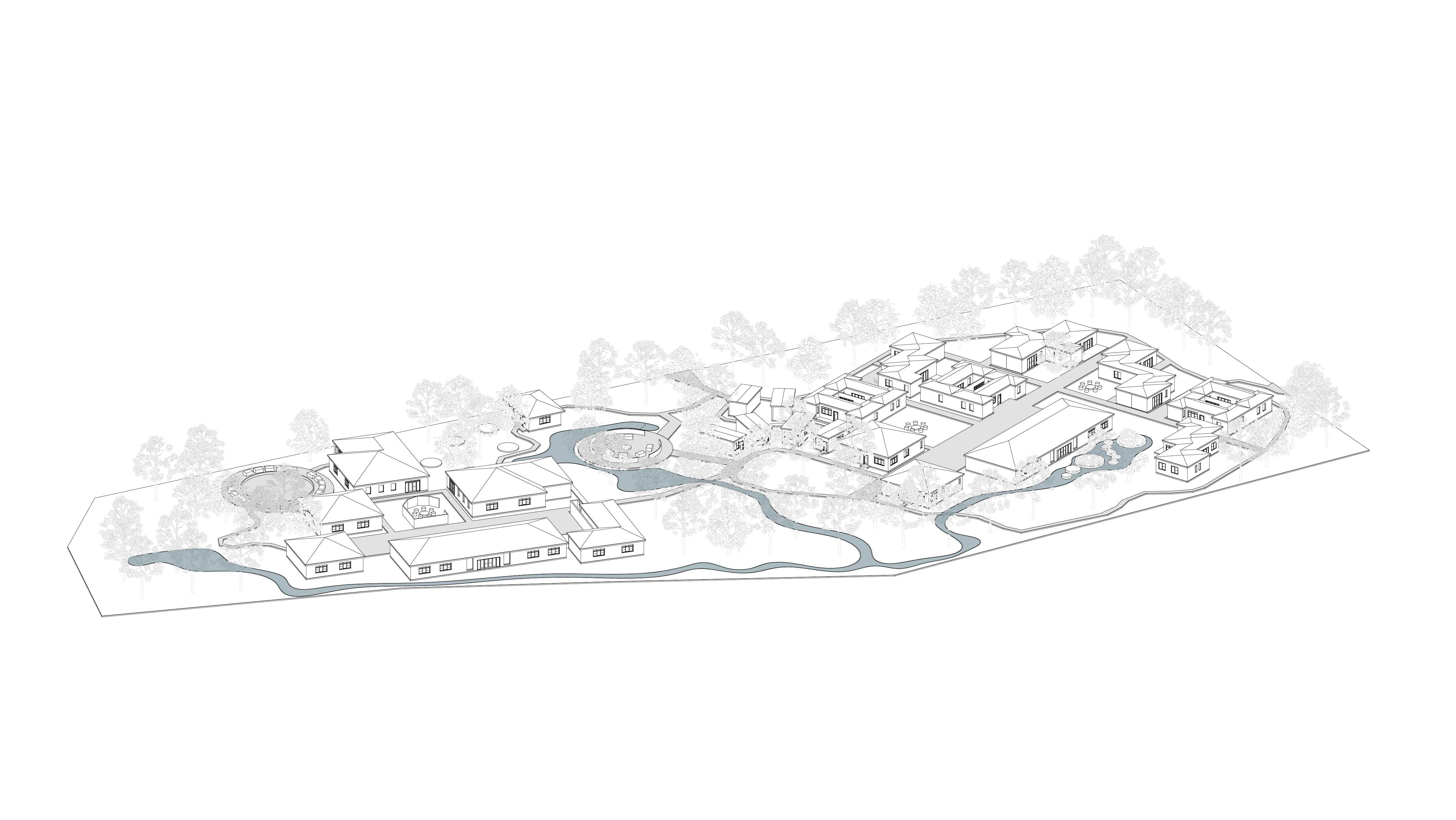 ISOMETRIC VIEW (1:500) - The continuous flow of water across the site symbolises healing, almost purifying and cleansing the land’s dark history and transforming it into a space of renewal. 
