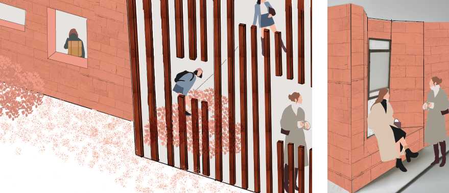 Collage render of facade and interior wall seats