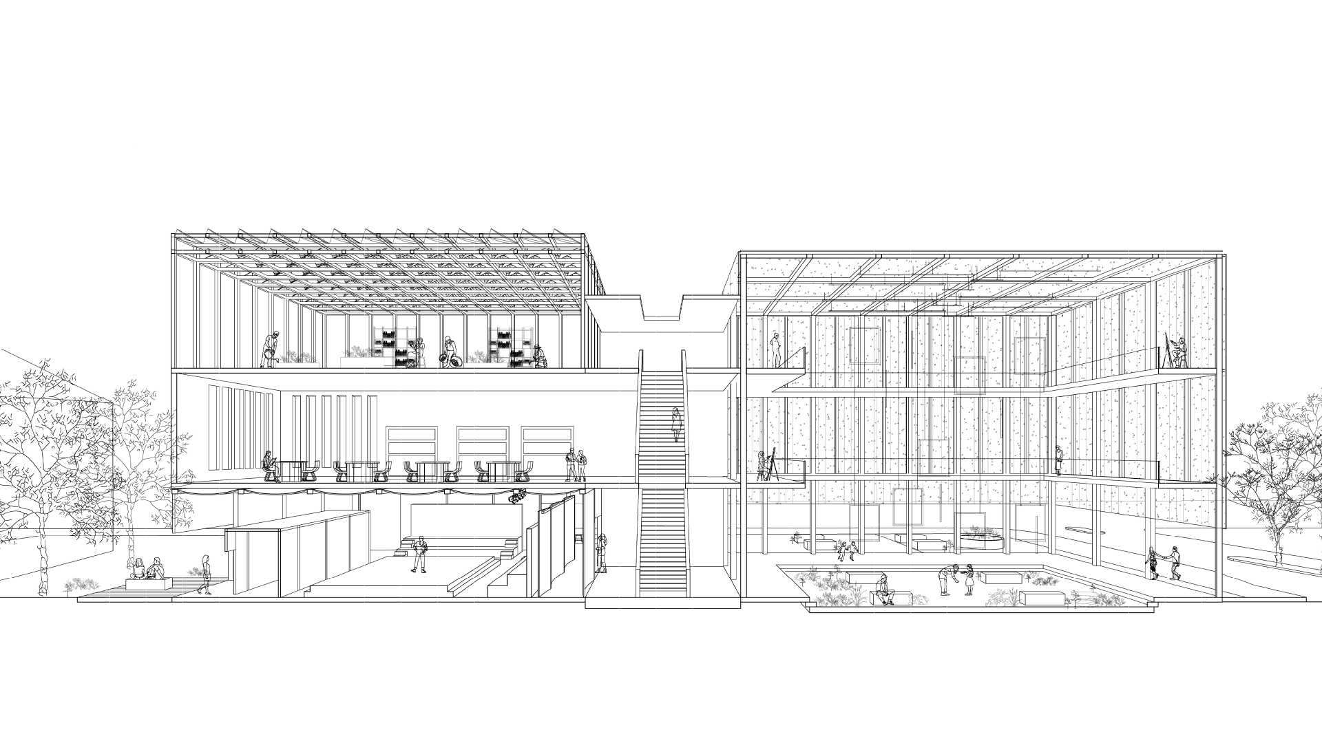 Sectional Perspective | Movement through the building becomes a journey of exchange. Visitors may re-enter the gallery with changed understanding, or find renewed agency through means of performance or care.