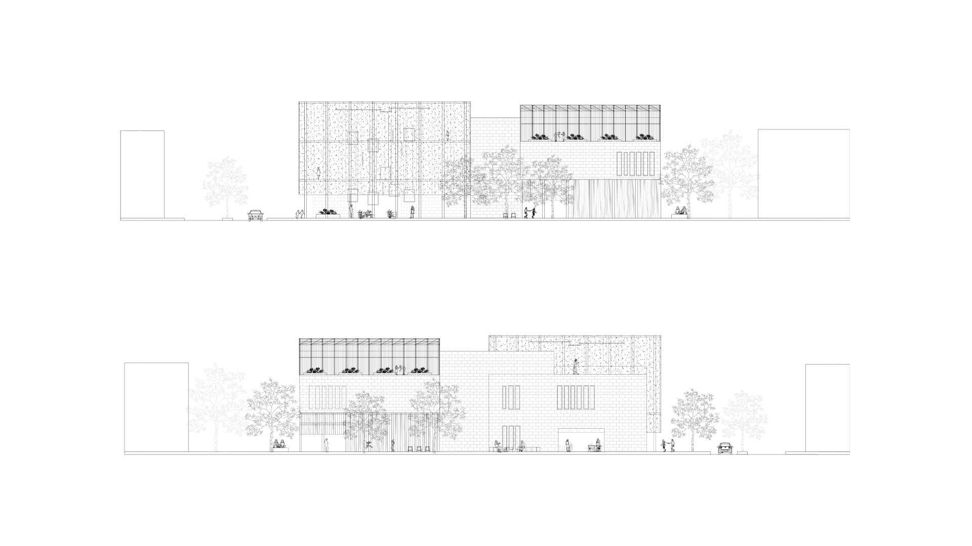 North and South Elevation | Movement reveals different registers of the Gadigal Centre: a suspended gallery display, passing performance, or someone tending to the garden. 