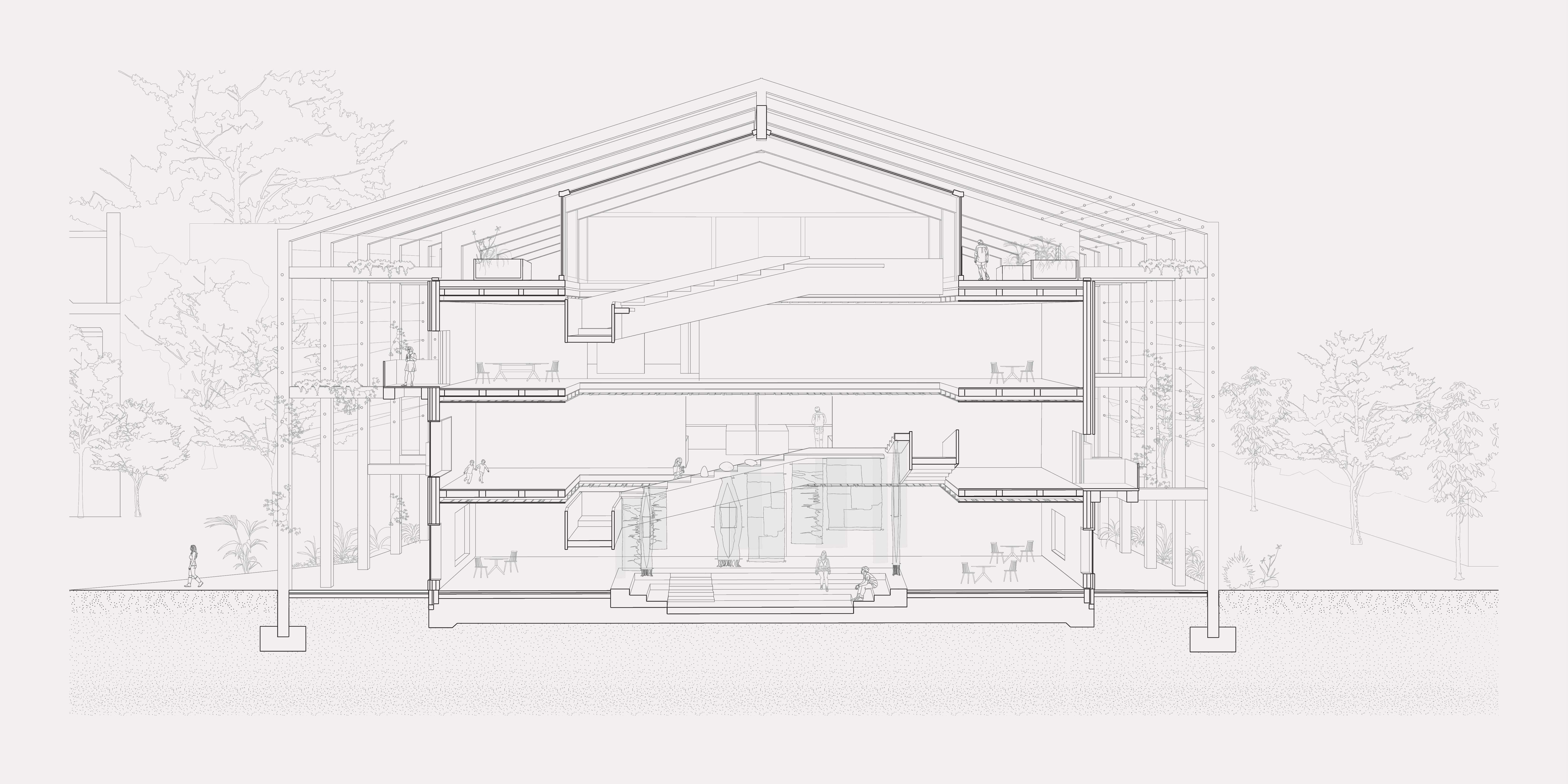 The central, sunken theatre space grounds the building and connects the verticality of the staircase to each floor. 