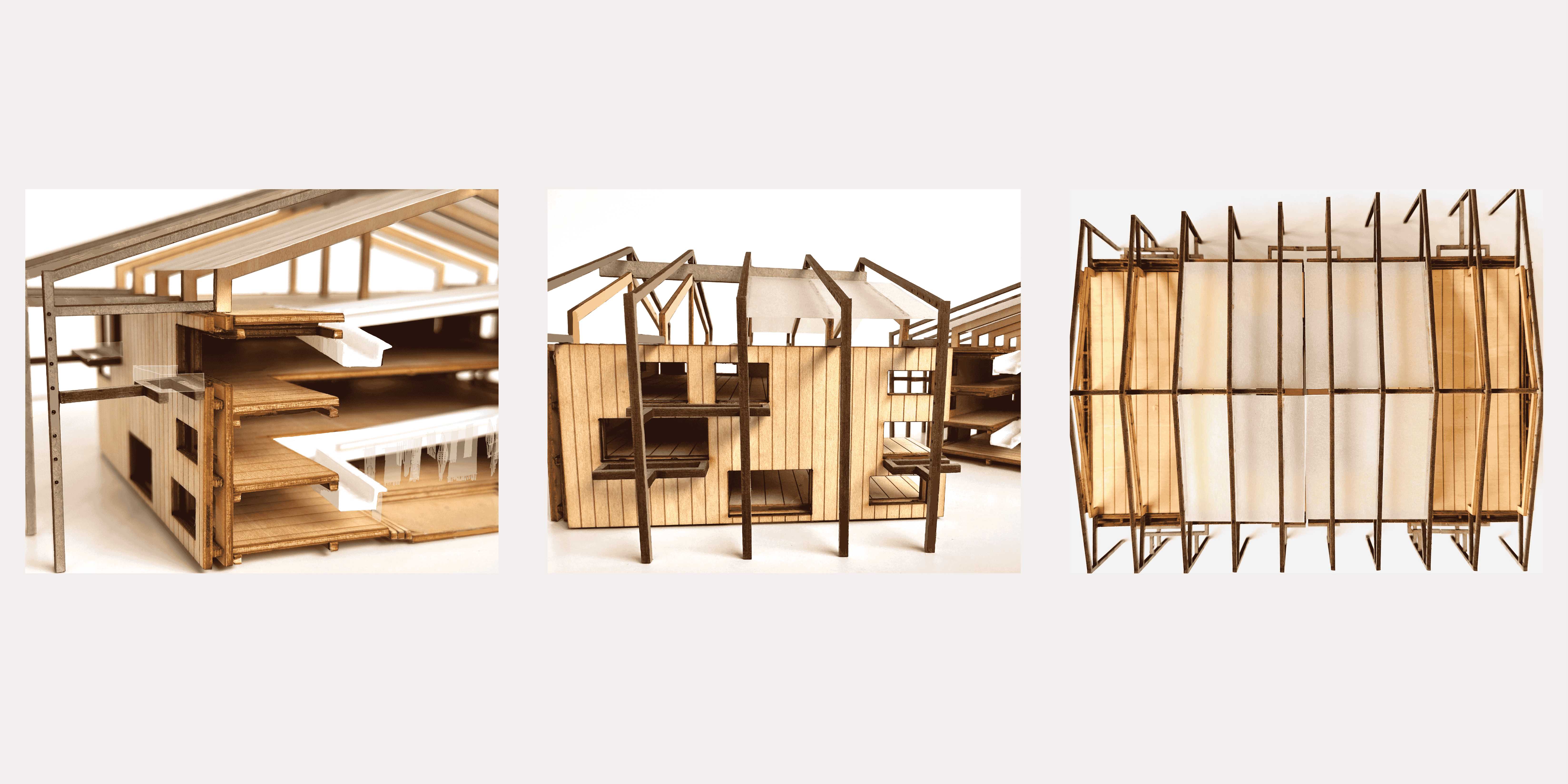 Two halves of a building model showing individual floors and the external steel trellised structure.  