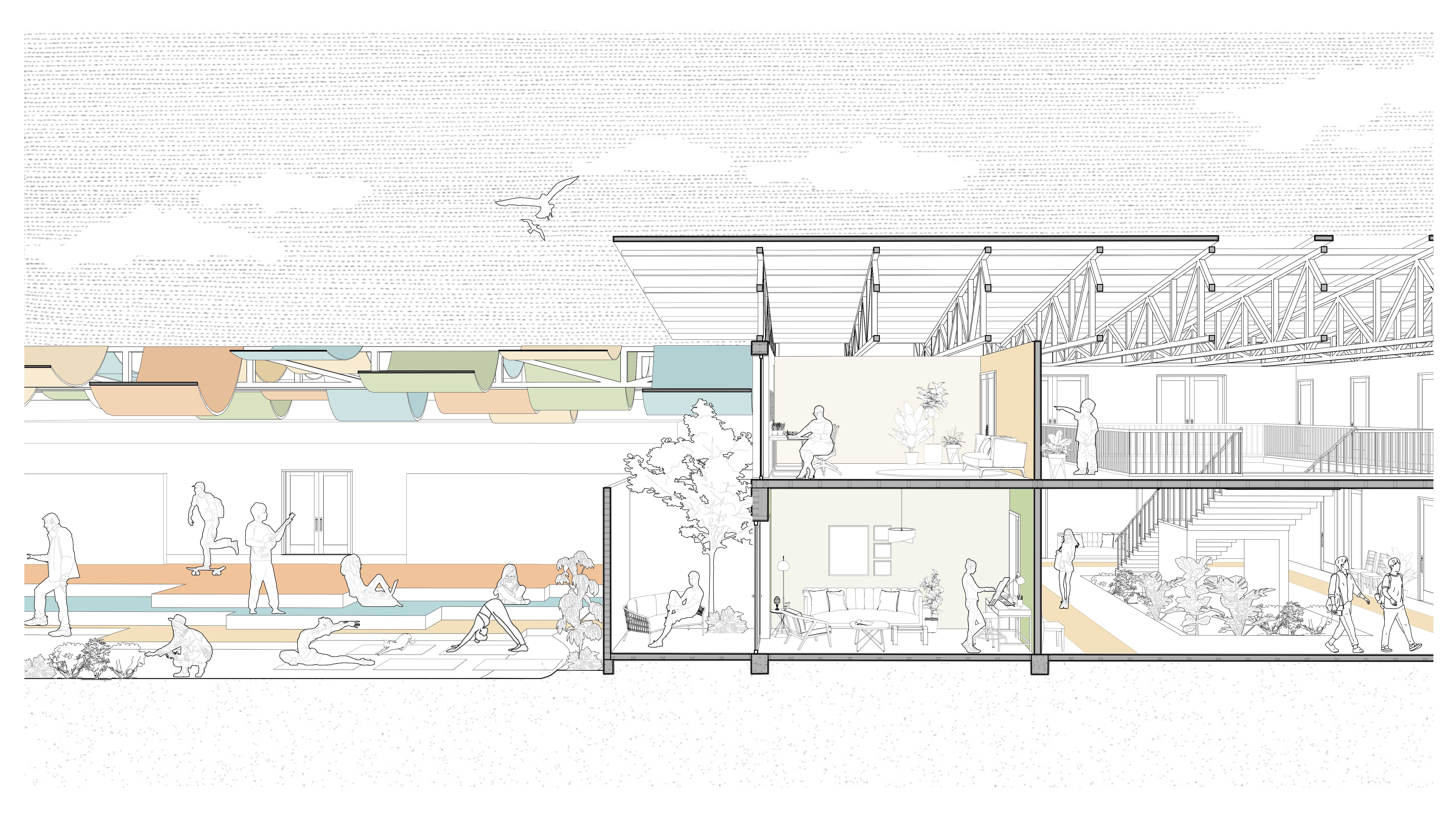 The Headspace Centre uses pastel hues to balance warm and cool tones. Colored pathways aid wayfinding, while vibrant seating and soft fabrics create an inviting, playful, and comforting environment.