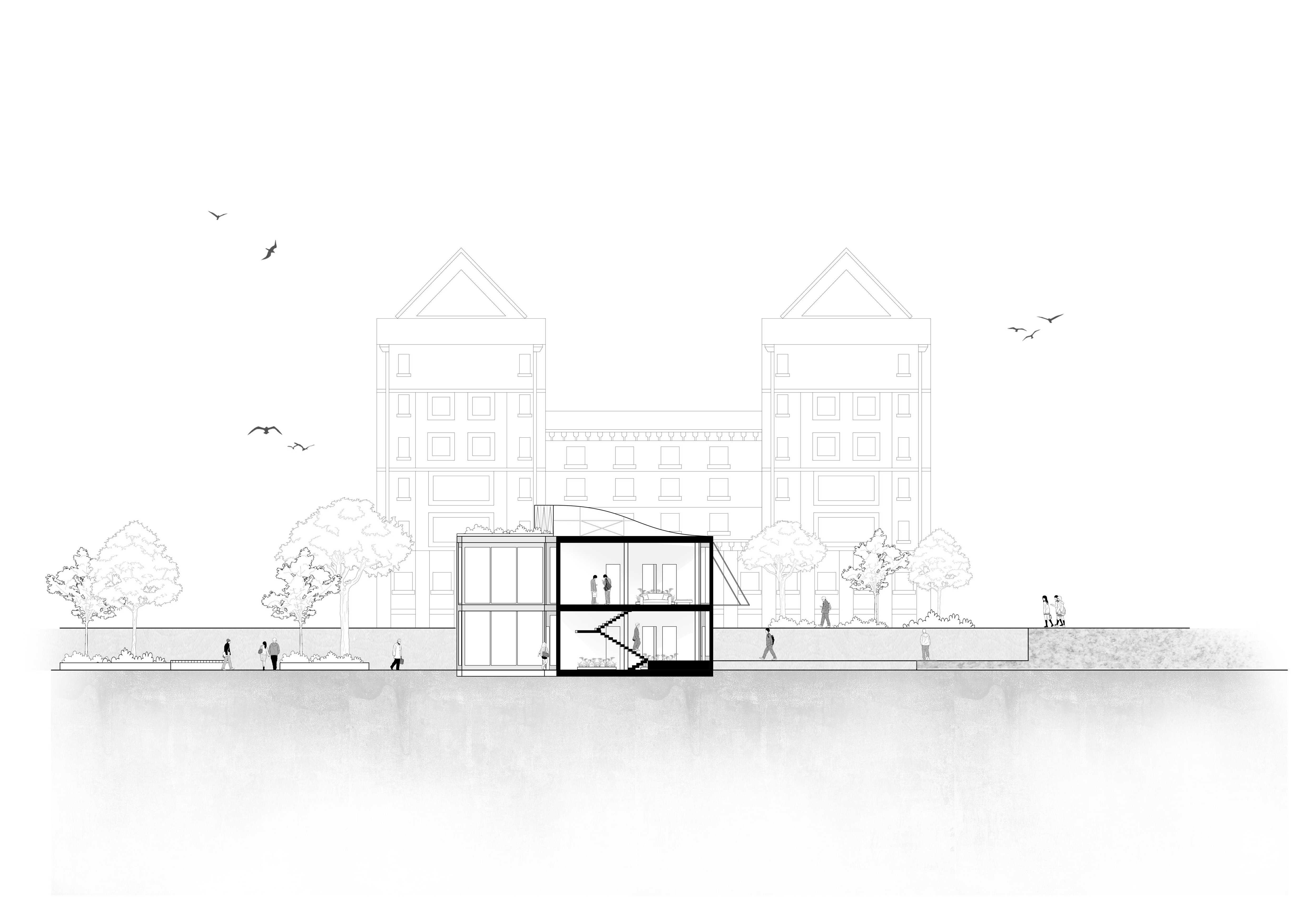 Section showing the curved roof and greenery platform.