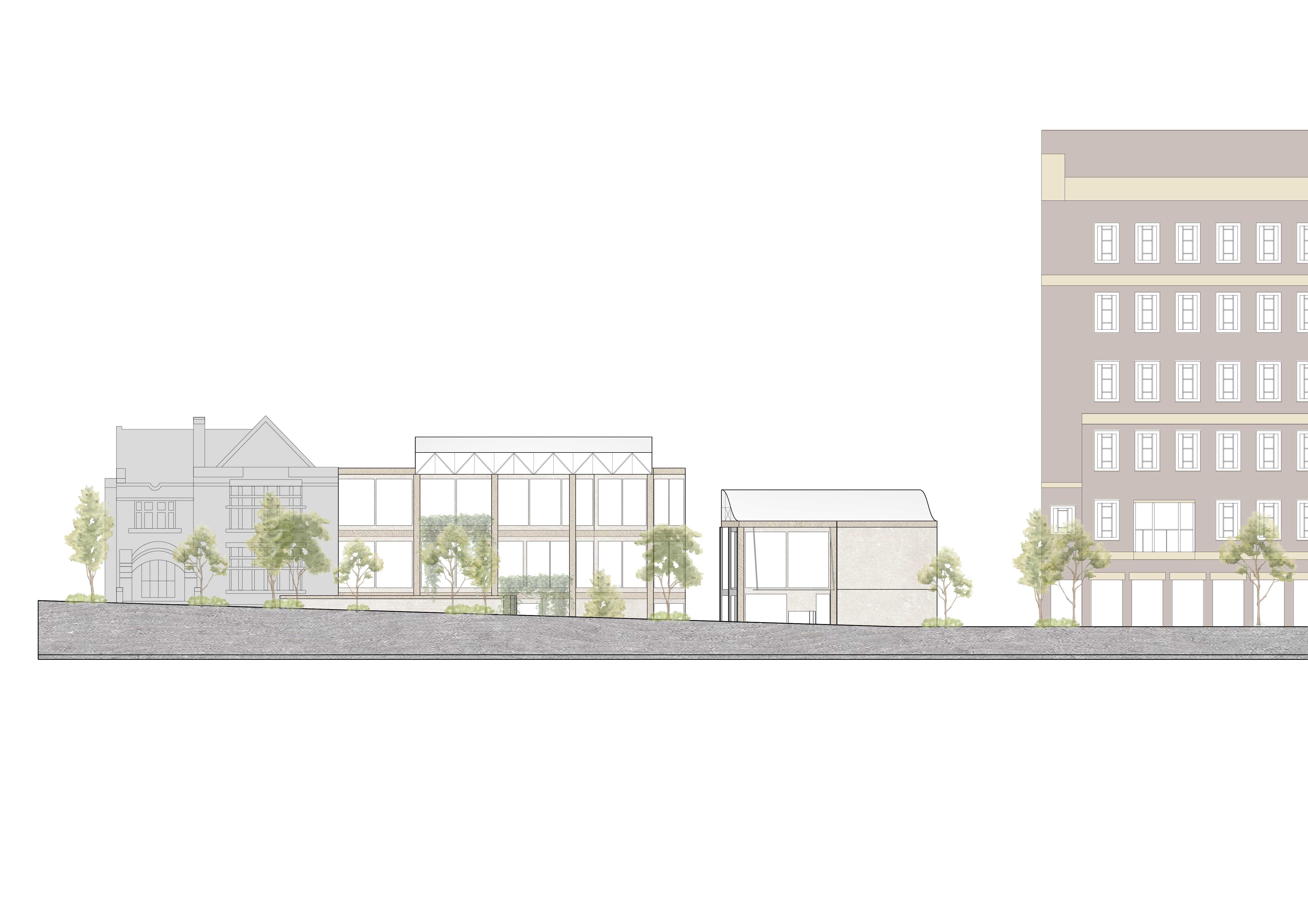 Elevation shows harmony with the surrounding buildings.