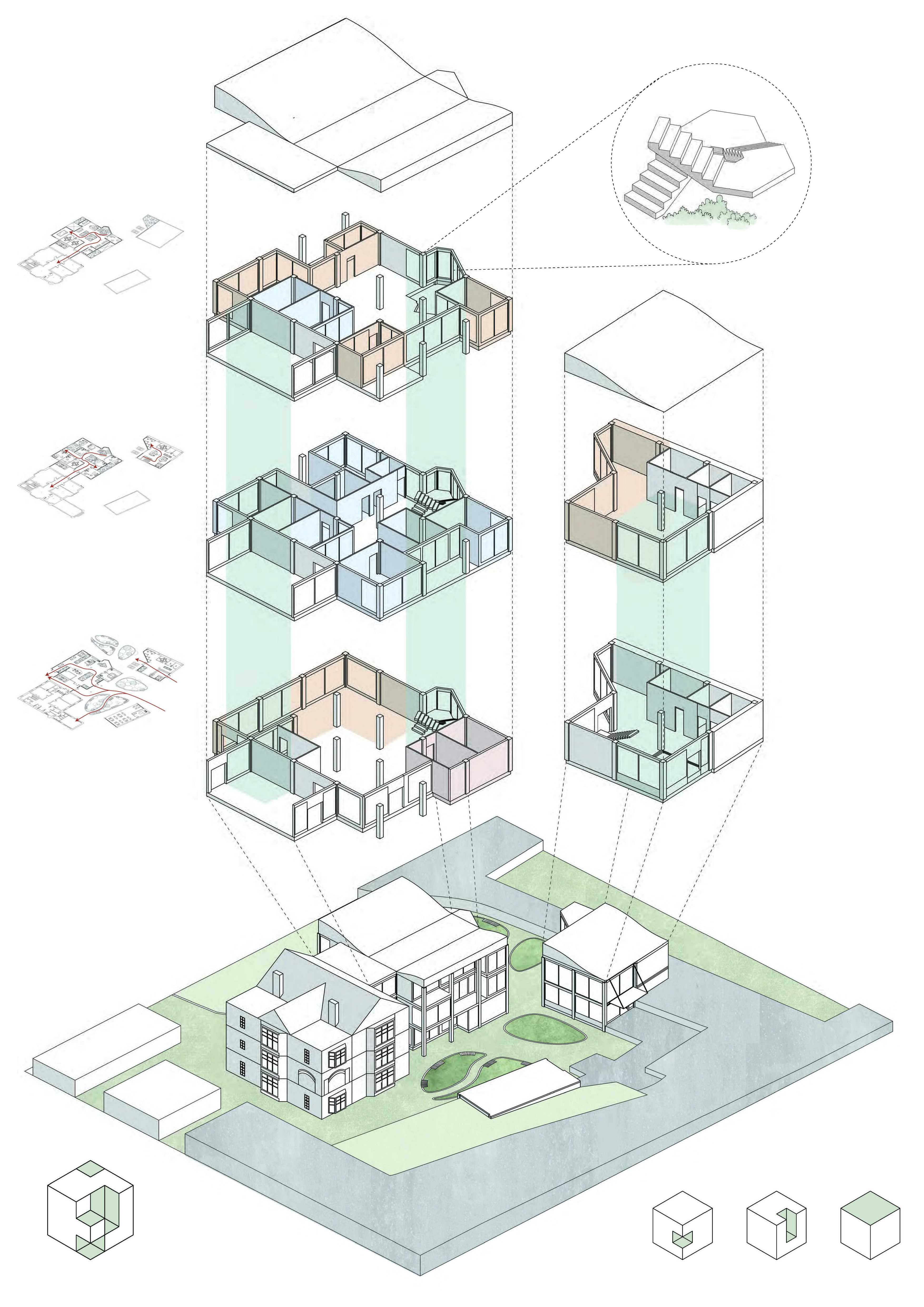 An explosion showing each floor's routes and the cores.