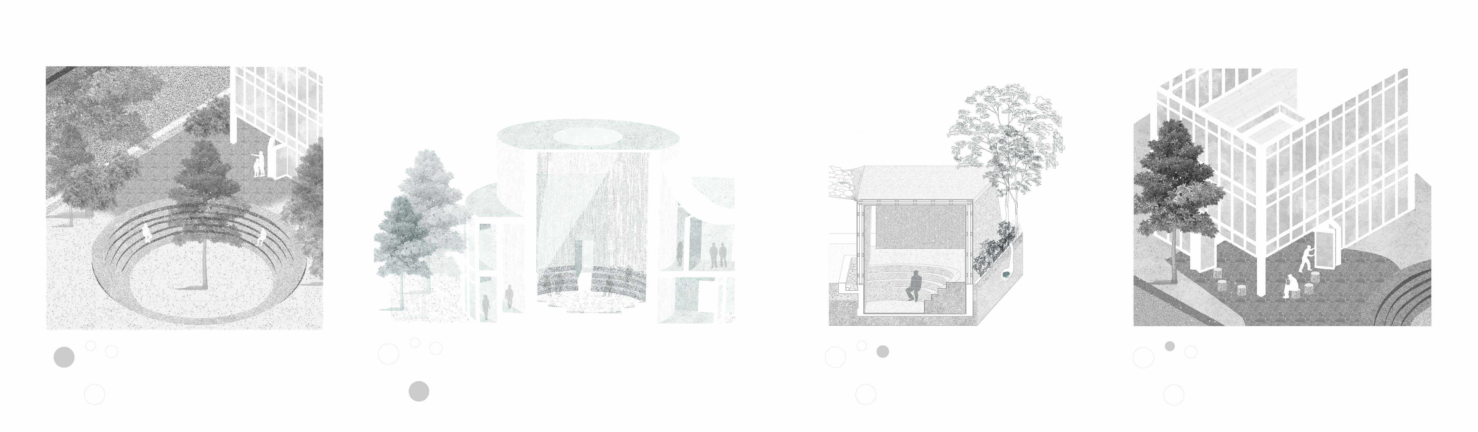 Four key storytelling spaces punctuate the site, each designed 
for different styles of gathering and exchange.