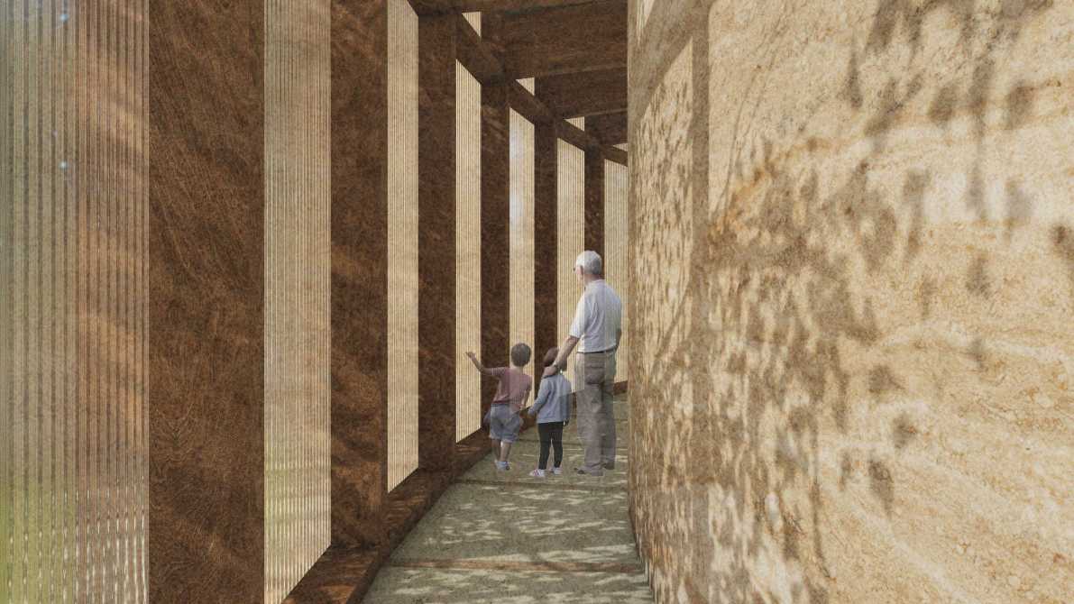 Translucent channel glass softens the light and blurs the existing, transforming it into a gentle abstraction that draws attention away from each leaf and to the greater rhythm of Country.