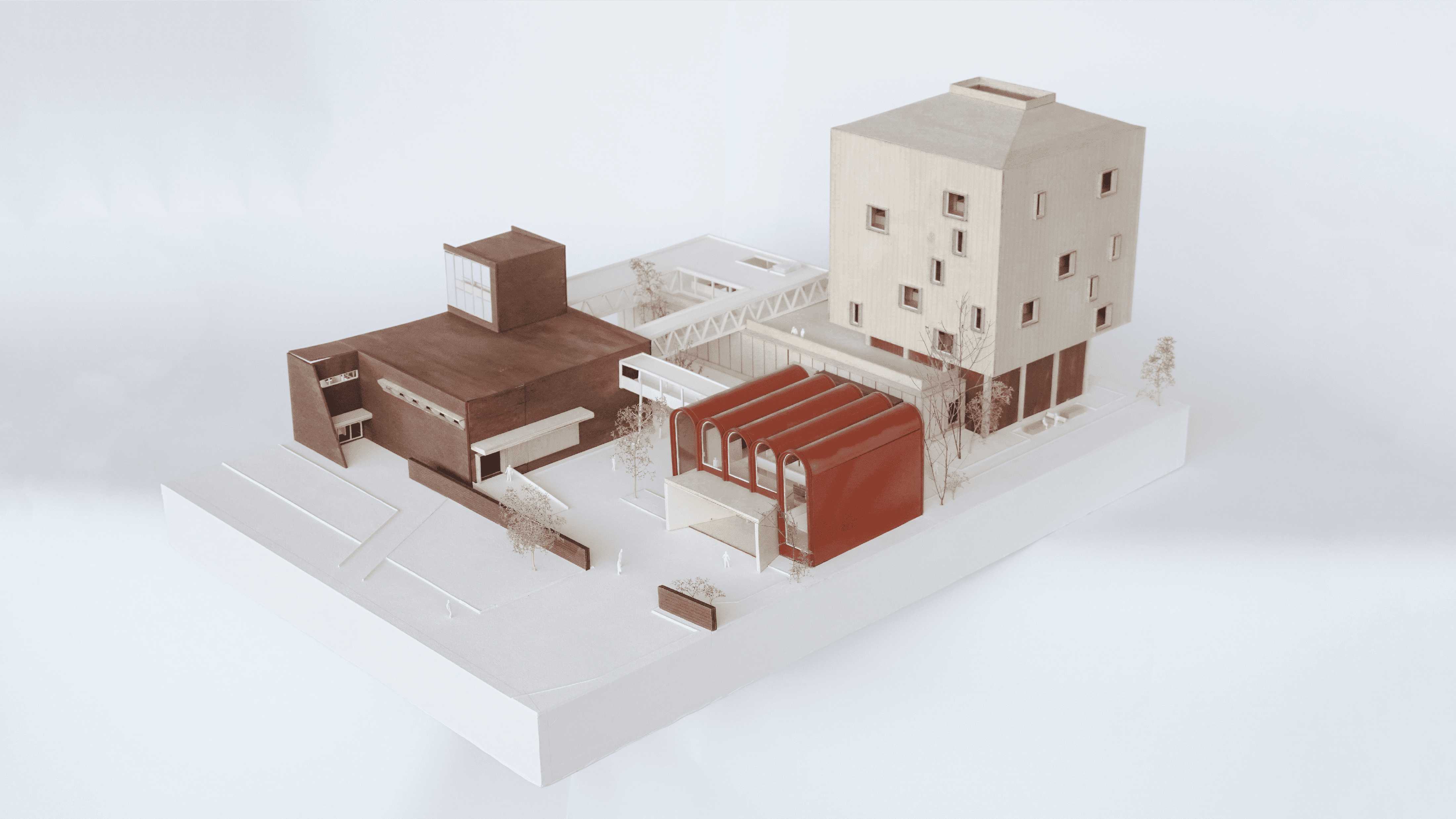 A 1:100 sectional model presenting the design as an ensemble of architectural characters, each element contributing a distinct spatial, structural, or material role within the museum’s overall composition.