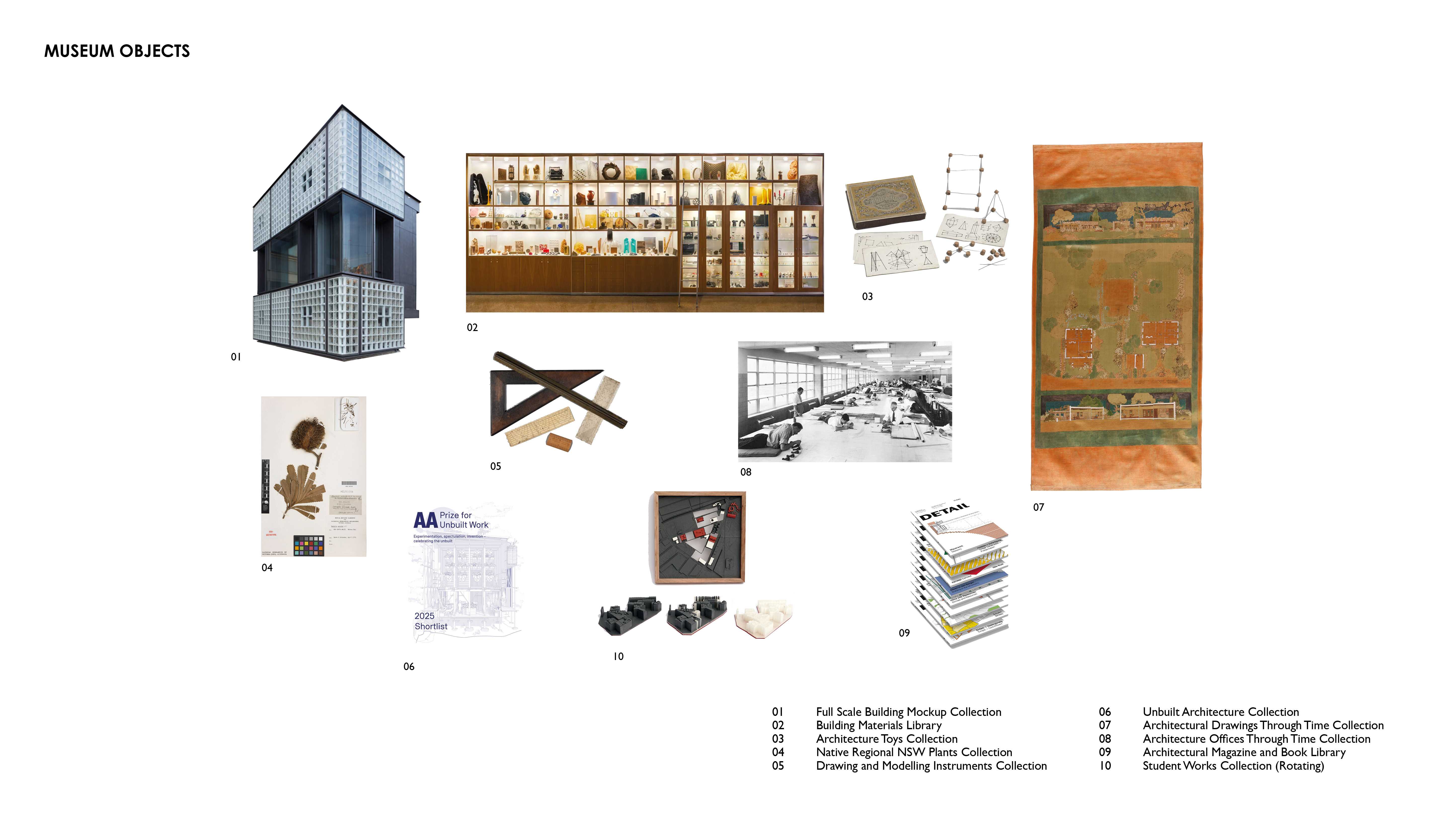 A curated collection of architectural disciplines, showcasing drawings, models, materials, and artifacts that trace the processes of design, construction, and material experimentation—revealing architecture as a continuum between imagination and making.