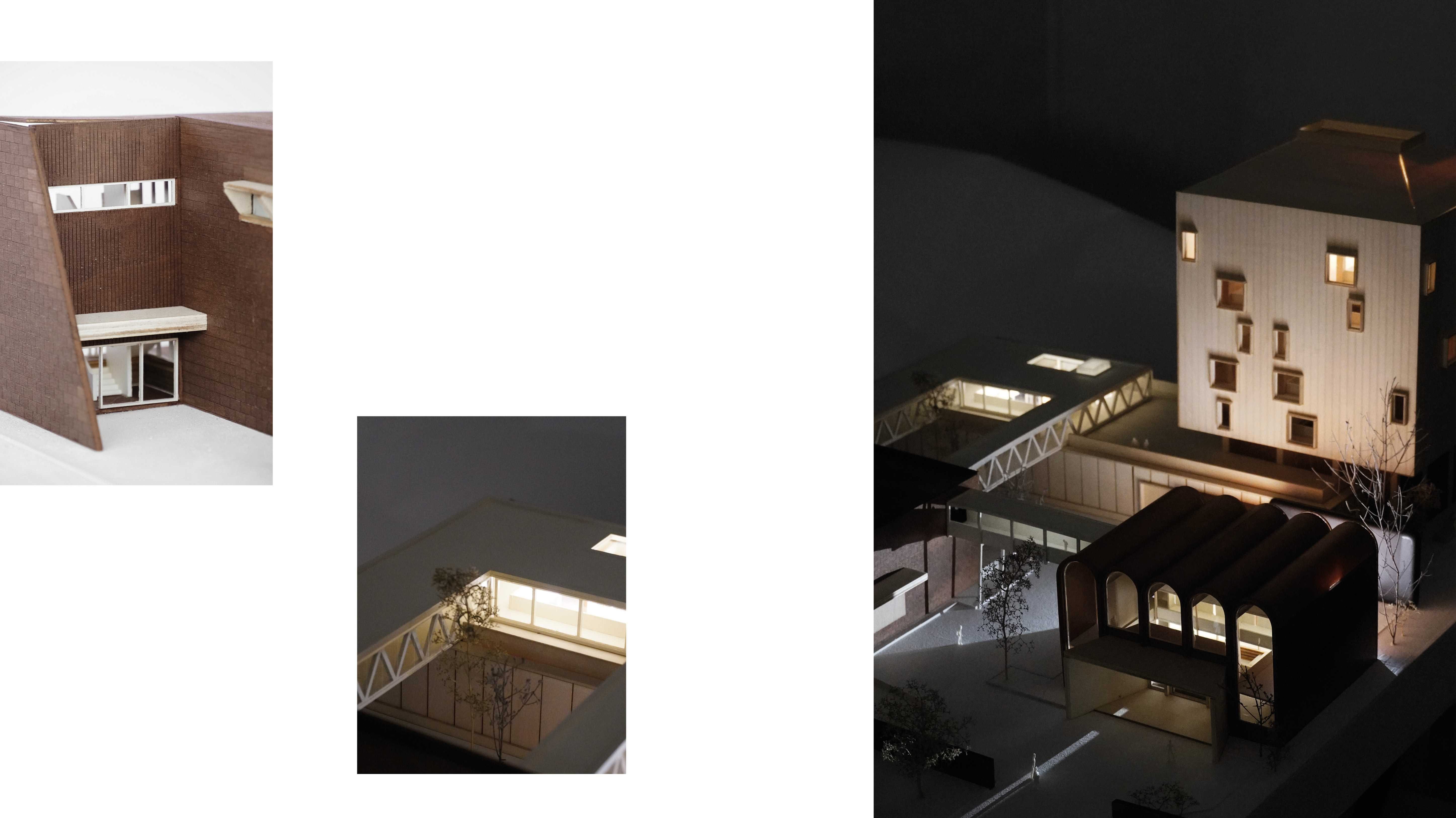 1:100 Model photos showing adaptive reuse of Torin Factory building and museum campus night-time atmosphere.