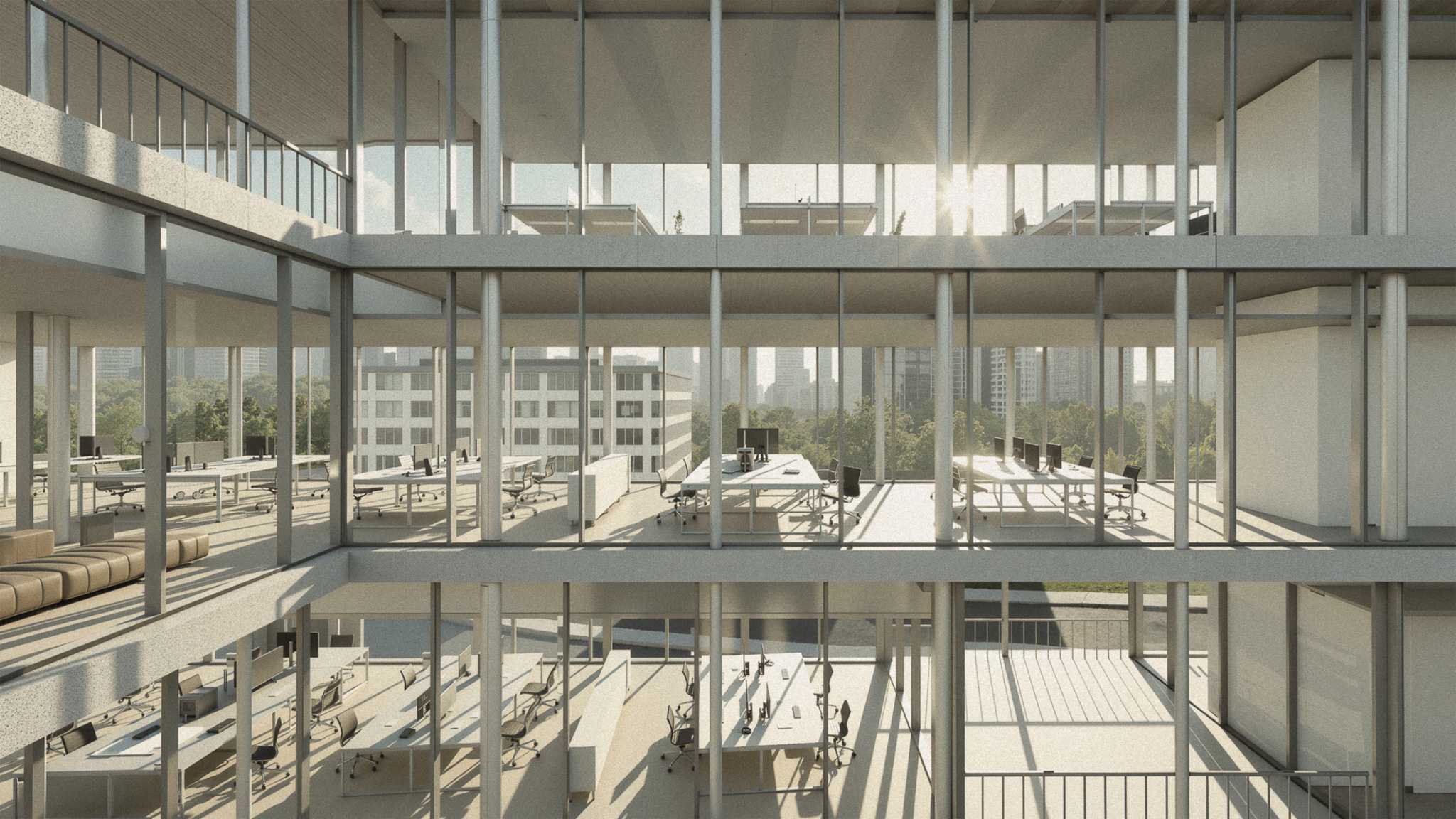 Light drifts through a lattice of columns and quiet workstations, turning the embassy’s interior into a breathing scaffold where air, people, and landscape flow uninterrupted.