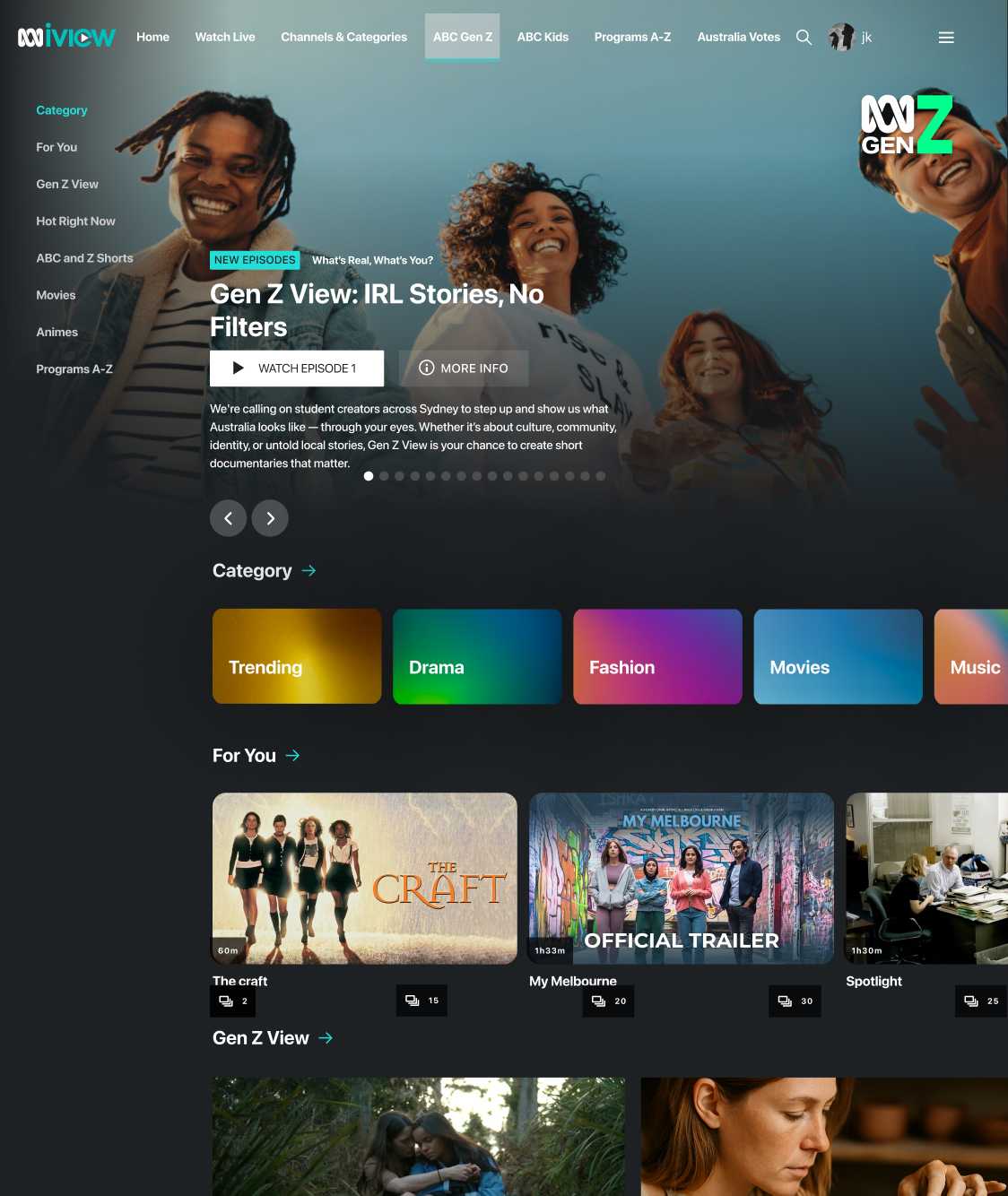 Home page for Gen Z channel 