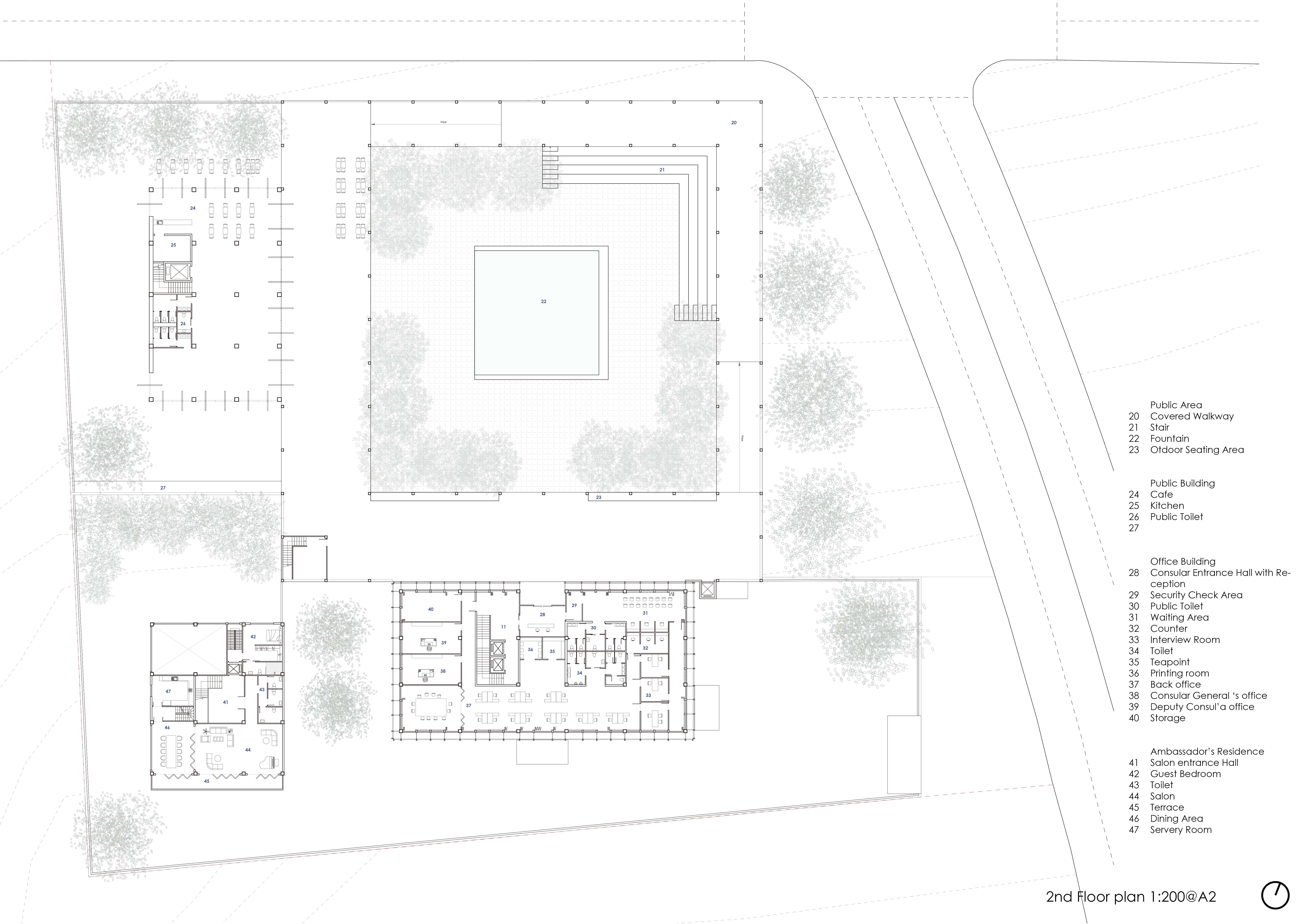 Ground floor plan. The portico expands the activity zone of the public building, creating a generous transitional space. 