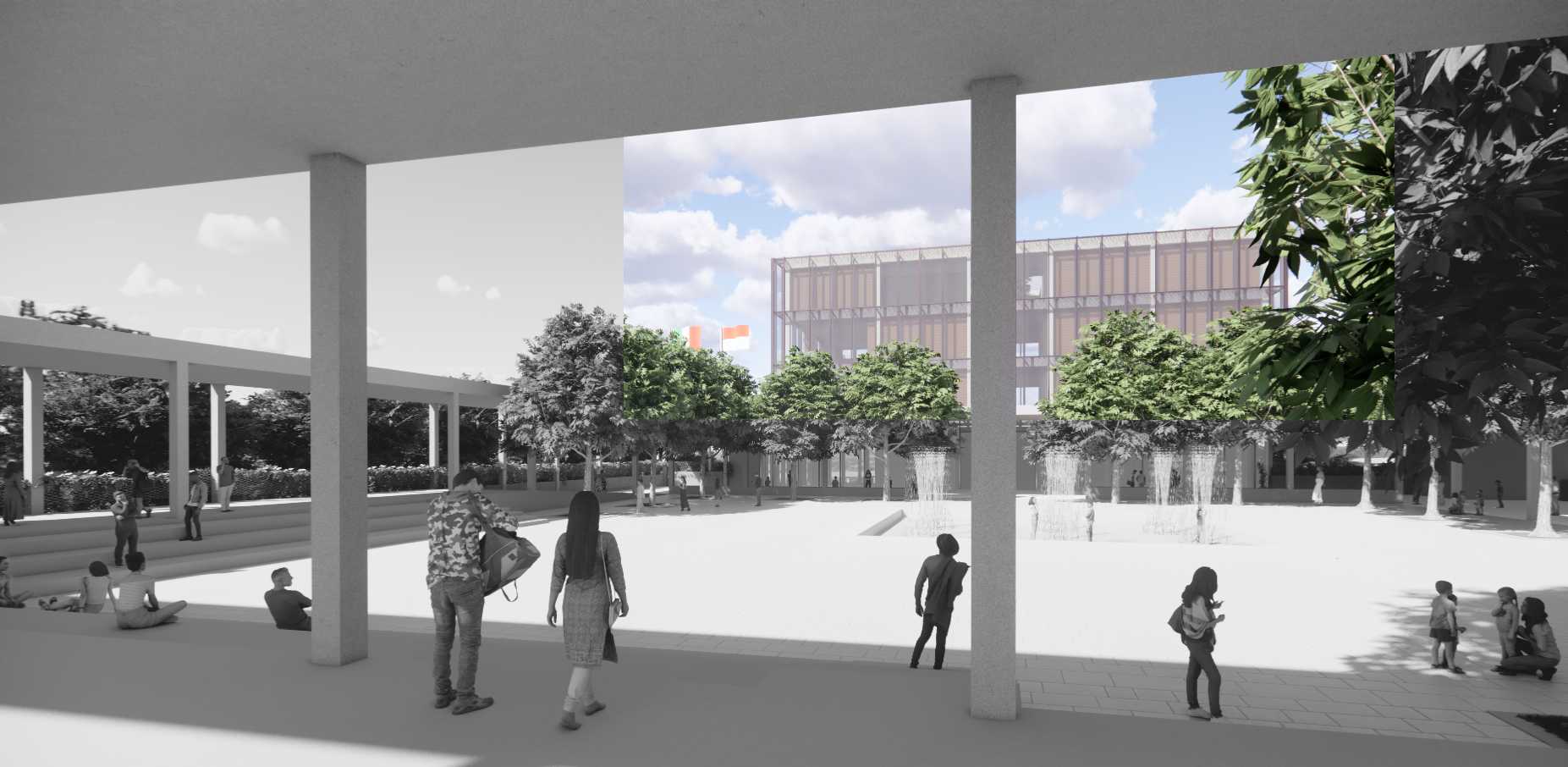 The public Square provides generous shaded areas for the public, including extensive tree canopies and the shelter provided by the portico roof. The dry fountain adds an element of interaction.