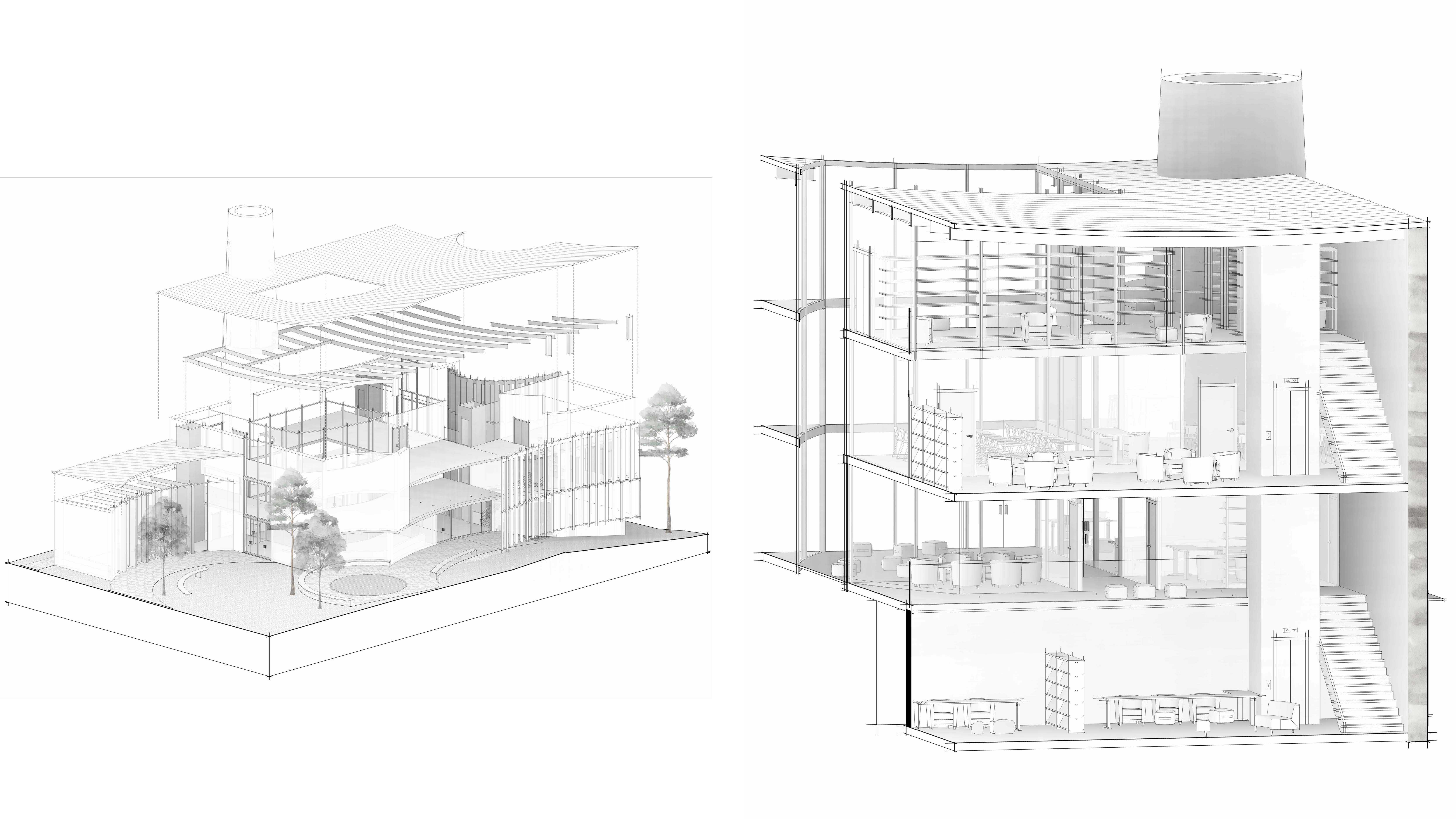 Axonometric Drawings | Structural systems (left); Threshold detail entering from Cadigal Green (right)