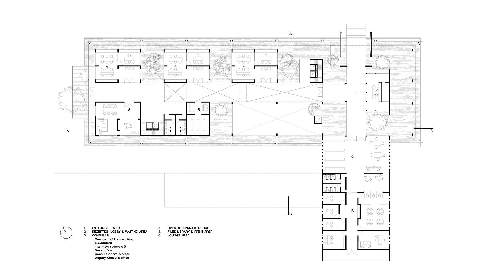 The plan is organised into two primary zones: a consular area accommodating public services, and a chancellery area dedicated to the embassy’s administrative operations