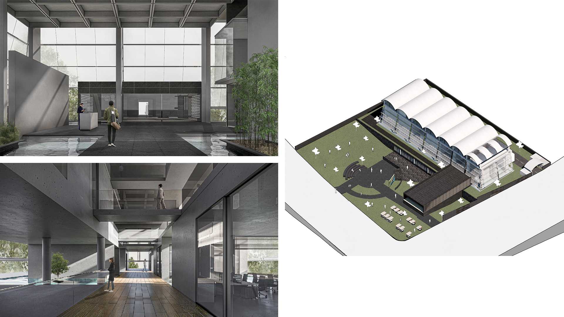 Interior views of the lobby and circulation spine, shown alongside the axonometric, capturing the embassy’s spatial hierarchy and threshold-driven organisation.