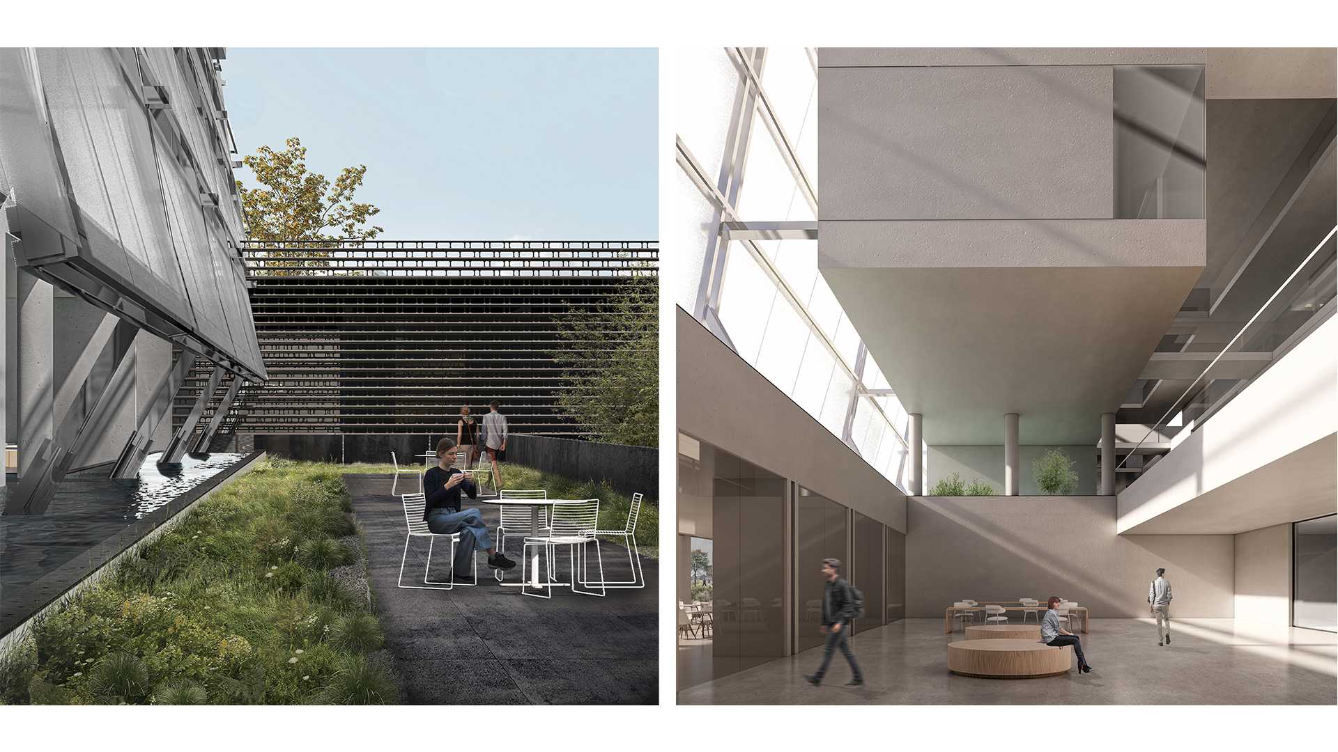 Renders showing the exterior seating area and the triple-height atrium, visually linking public areas with the upper diplomatic levels