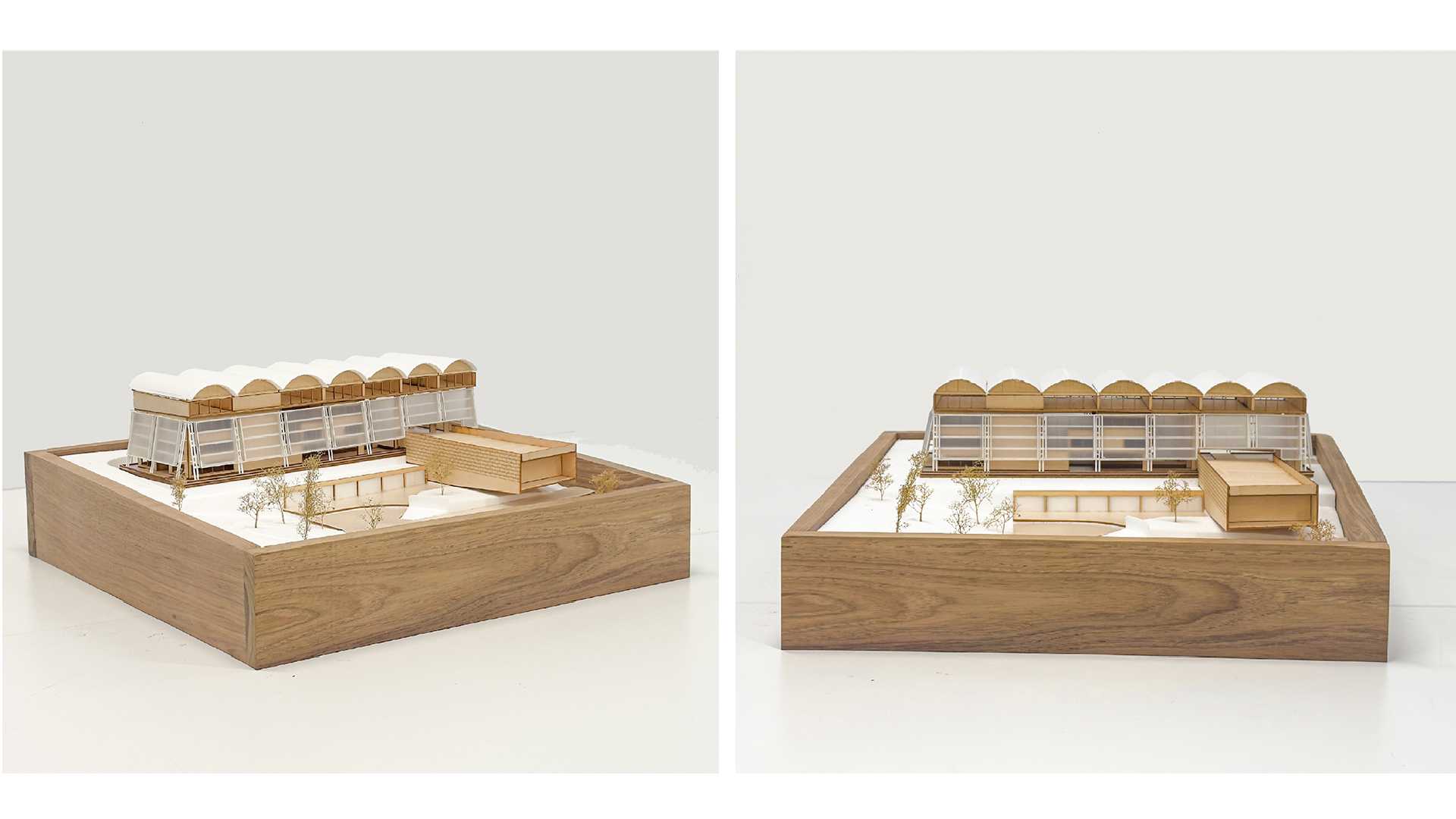 Model photos illustrating the embassy’s massing strategy and the hierarchy of its volumes