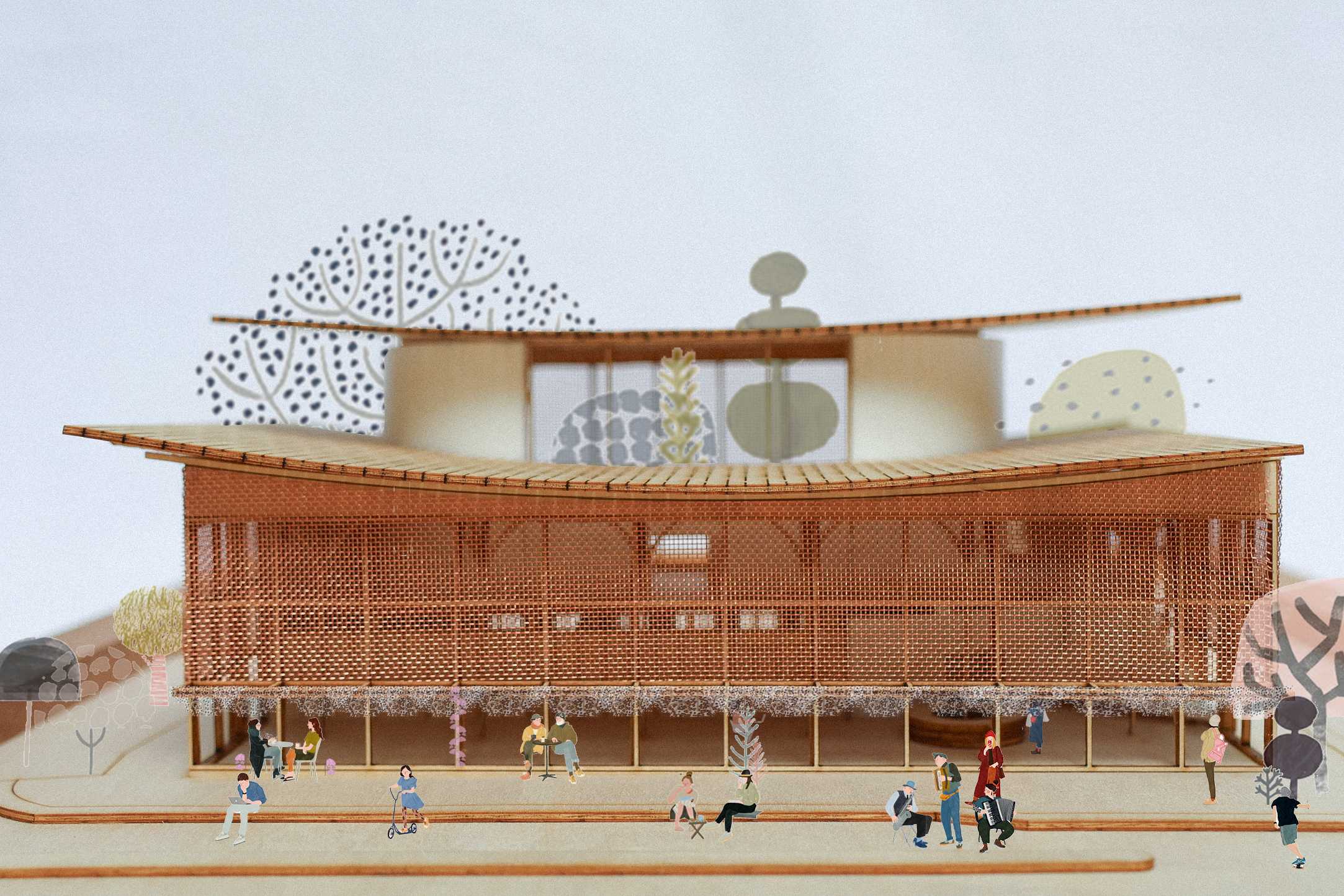 Visualising the east elevation: a communal front façade softened by greenery, with a glimpse of the tree line behind.