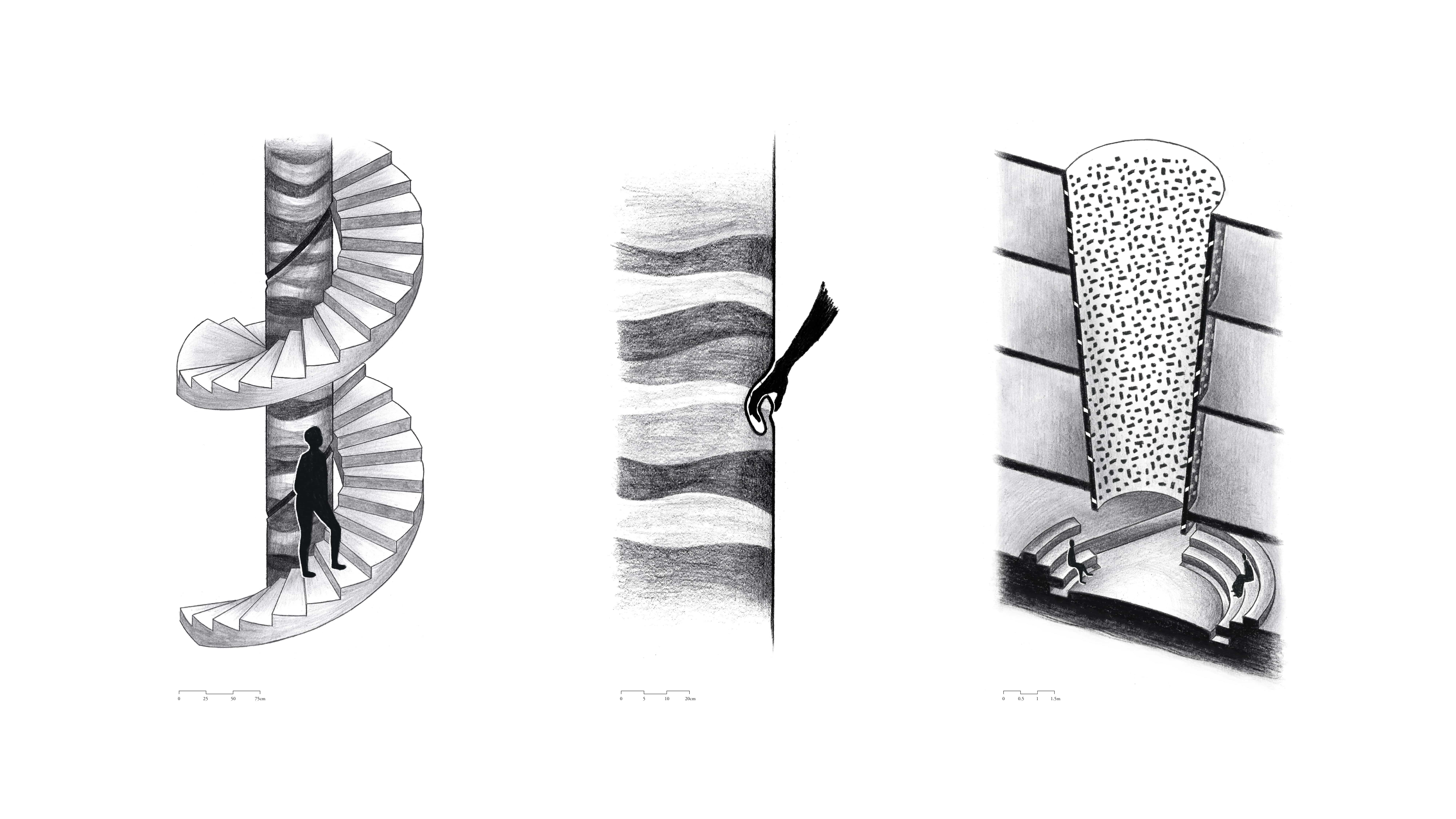 Detail Drawings | Axonometric and section of rammed earth handrail (left, centre); Axonometric threshold of void (right)