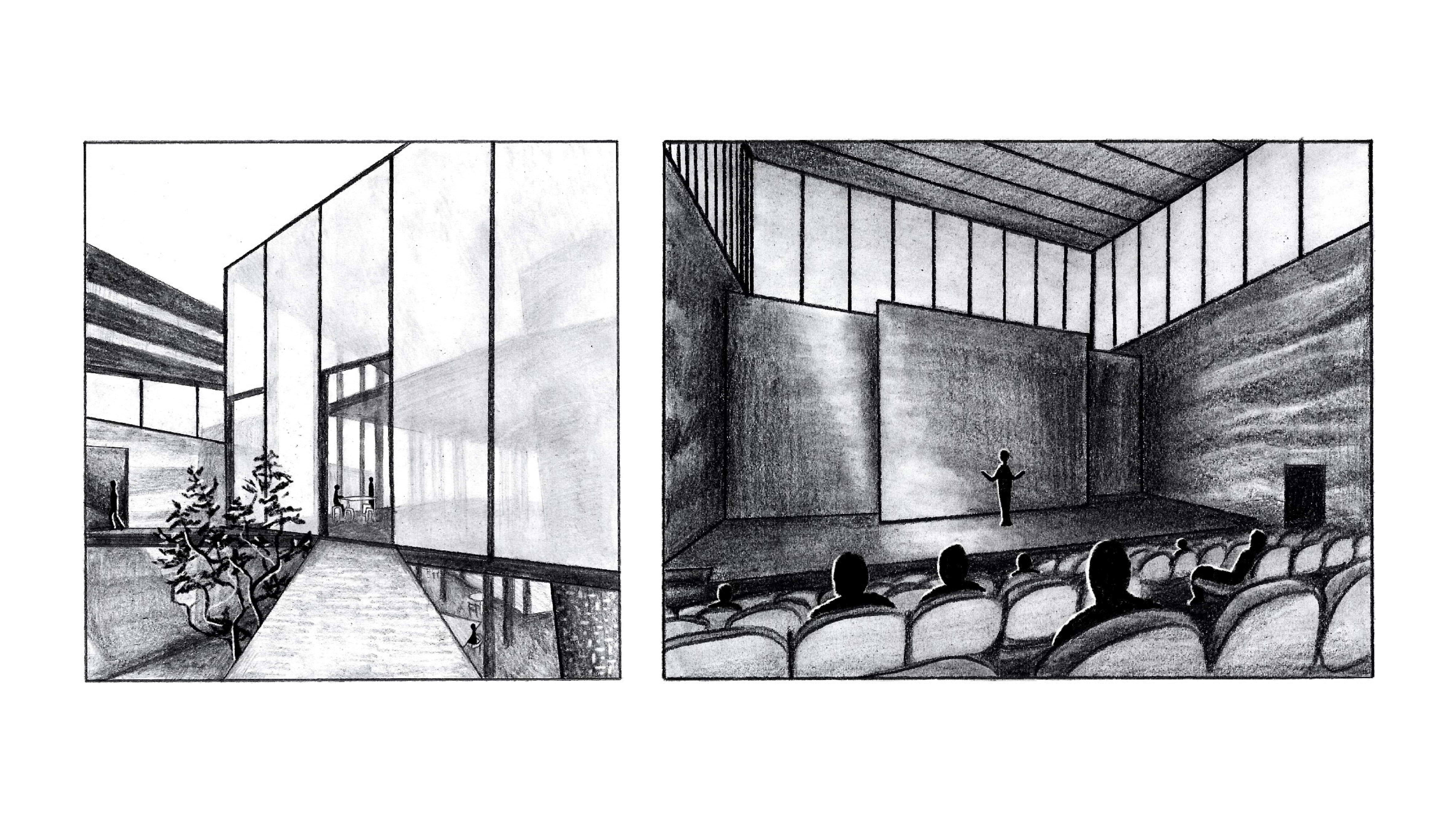 Perspective Drawings | Overhead walkway into teaching and learning pavilion (left); Indoor auditorium (right)