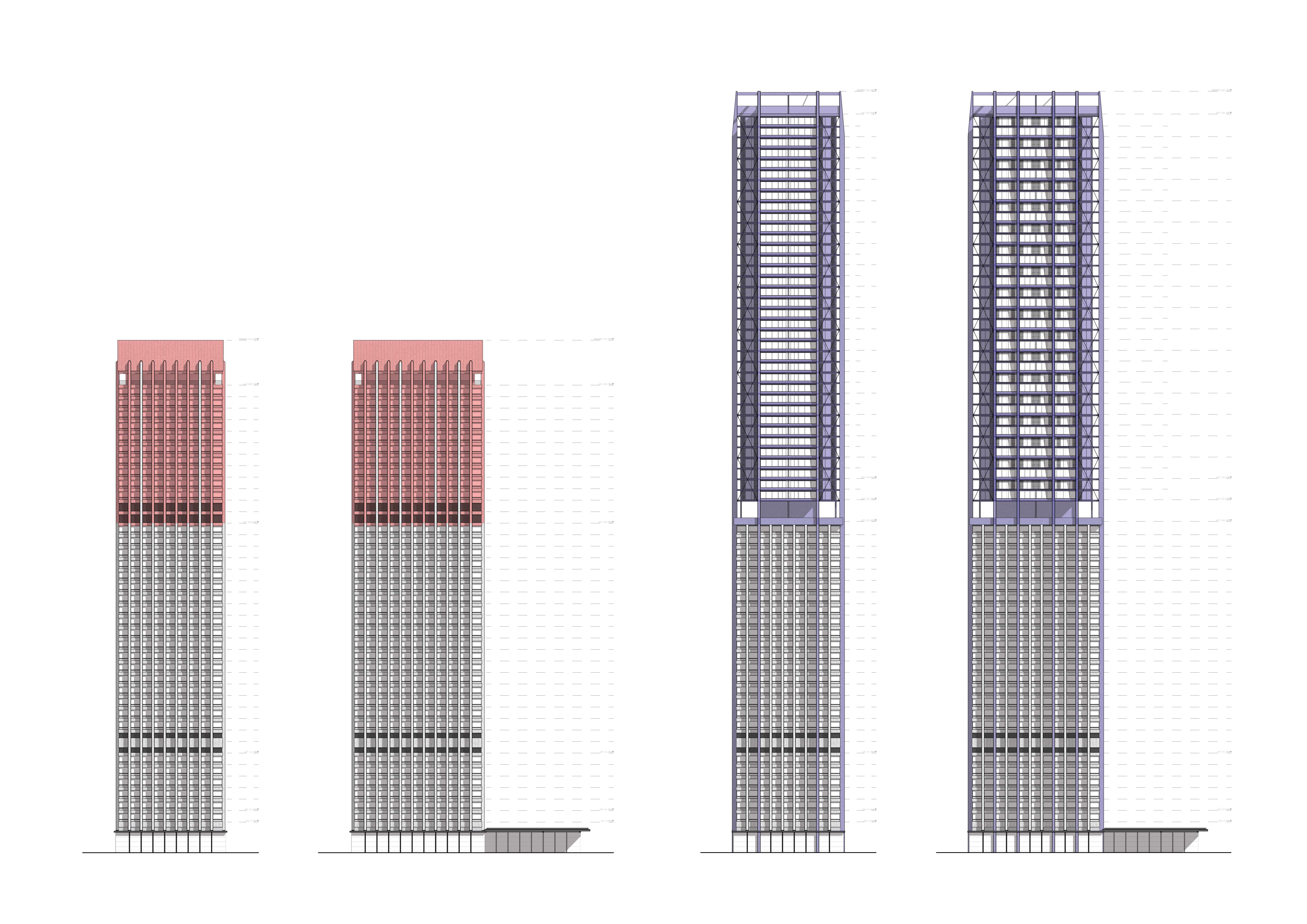 The design keeps the lower tower intact, selectively deconstructs upper floors for material recovery, then rebuilds a taller form to meet DA statistics while satisfying Phase 1 benchmarks.