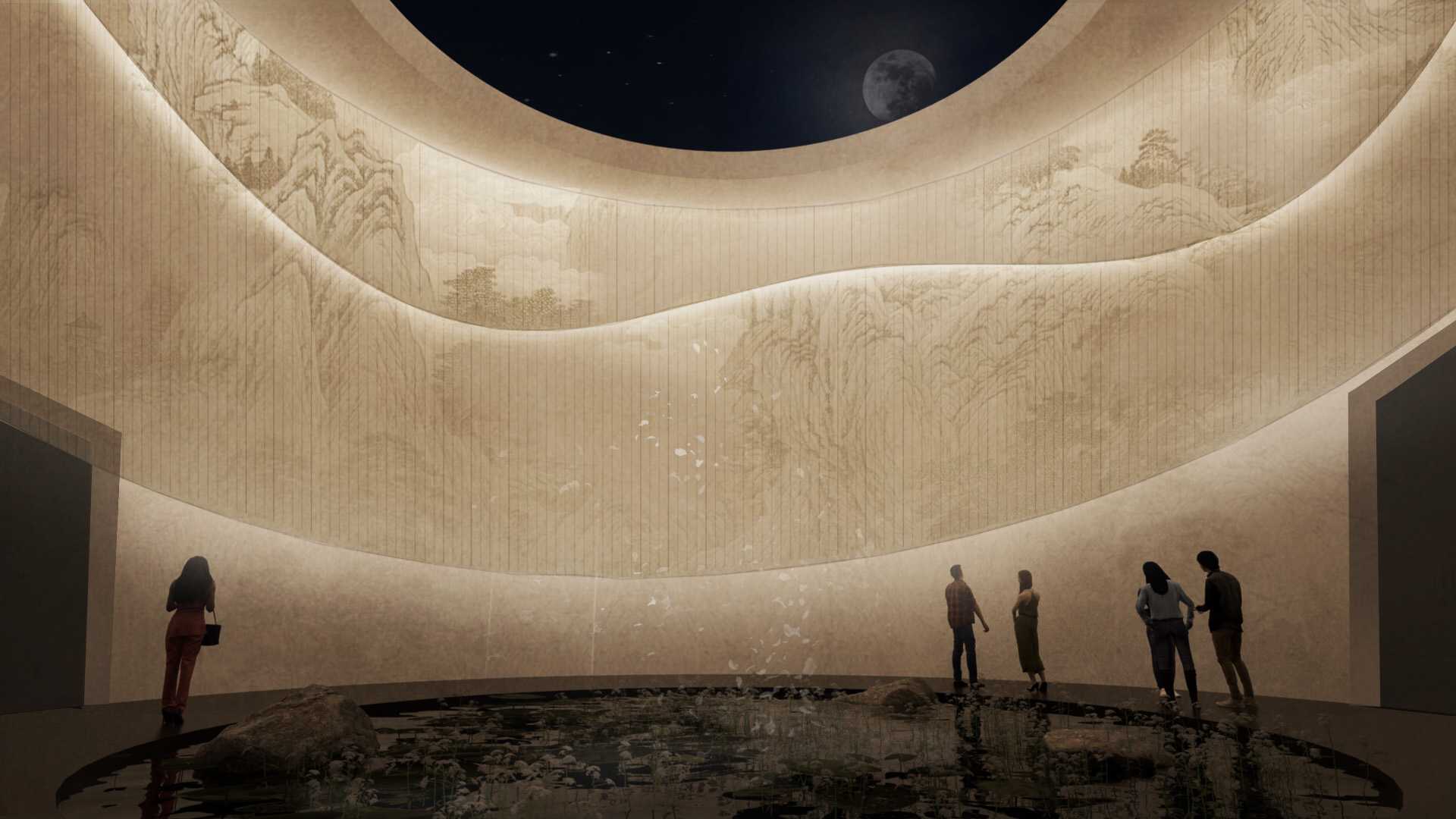 Incorporation of water in the atrium directs movement in a circular motion. Solid colour wall finish minimize distraction to accentuate the skylight, enhancing visual connection between the sky and ground.