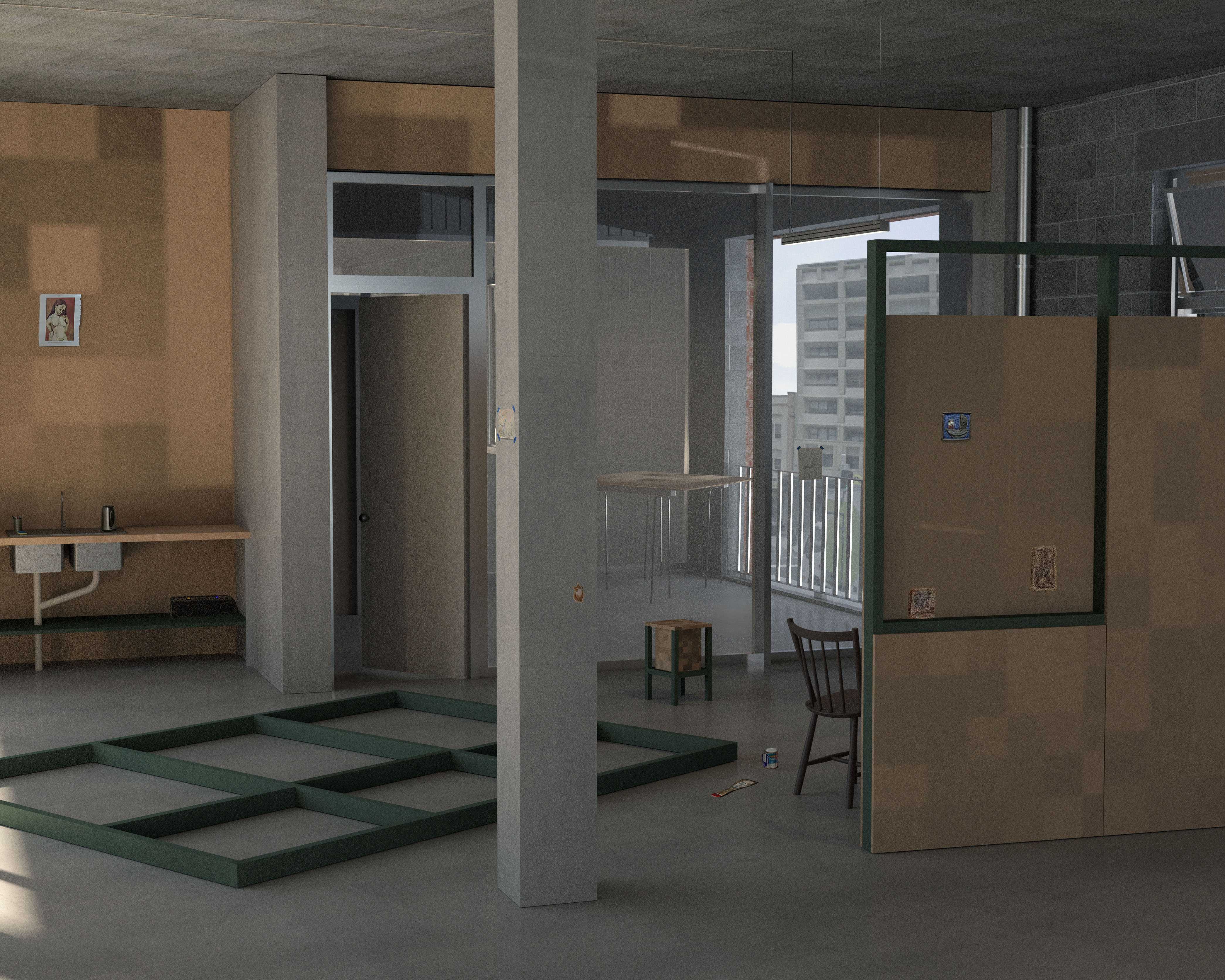 A view of the artist-studio space in construction, framed as a loose-fit infrastructure, a low-cost but robust superstructure, rough enough to be appropriated by its users to fit changing requirements