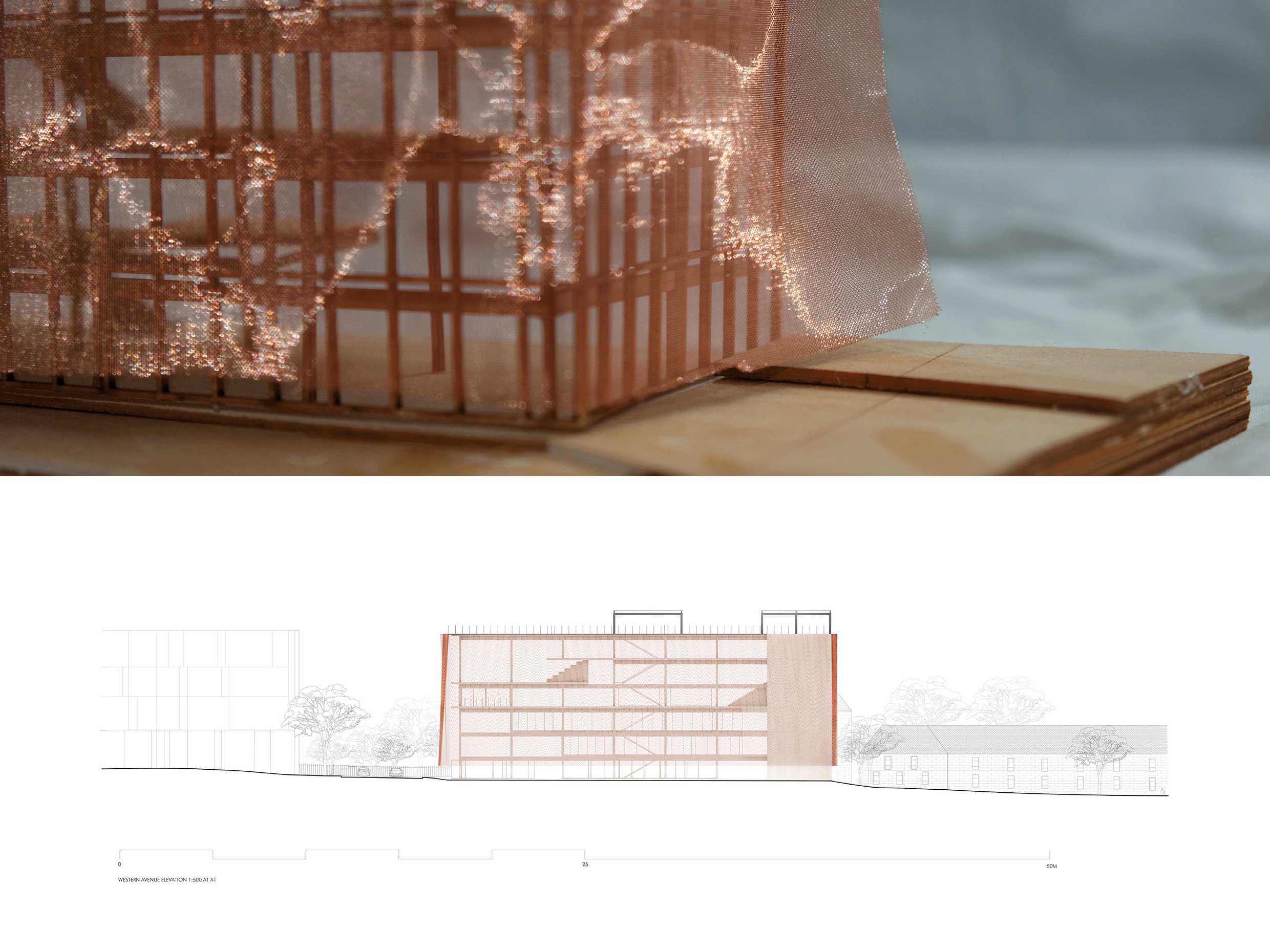 1:200 Model (Exterior Mesh Facade) and 1:500 Parramatta Street Elevation