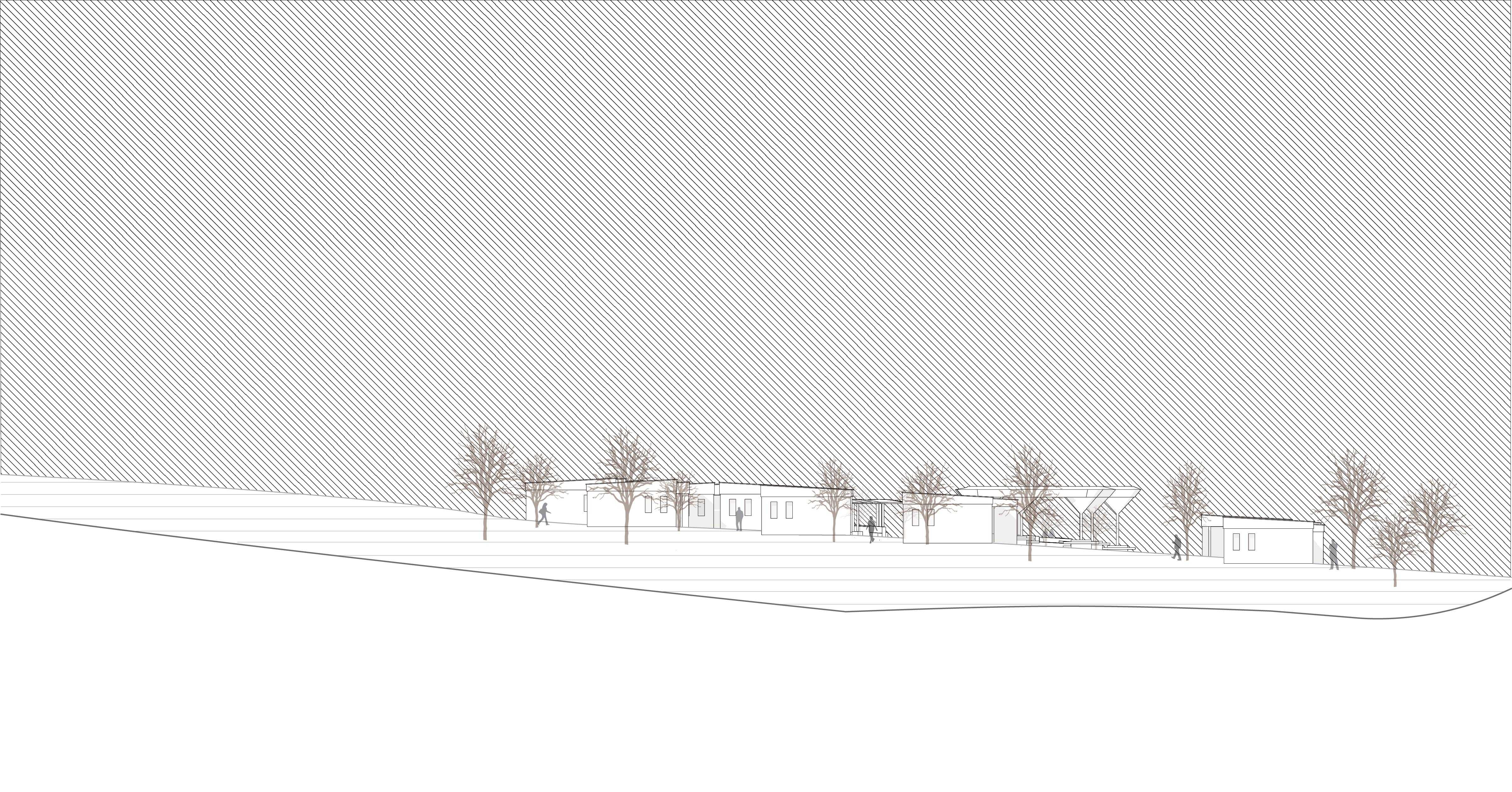 An Elevation of the residential hub, captures the uneven layout of the clusterhomes as they mimic the black cockatoos in flight flocking formations