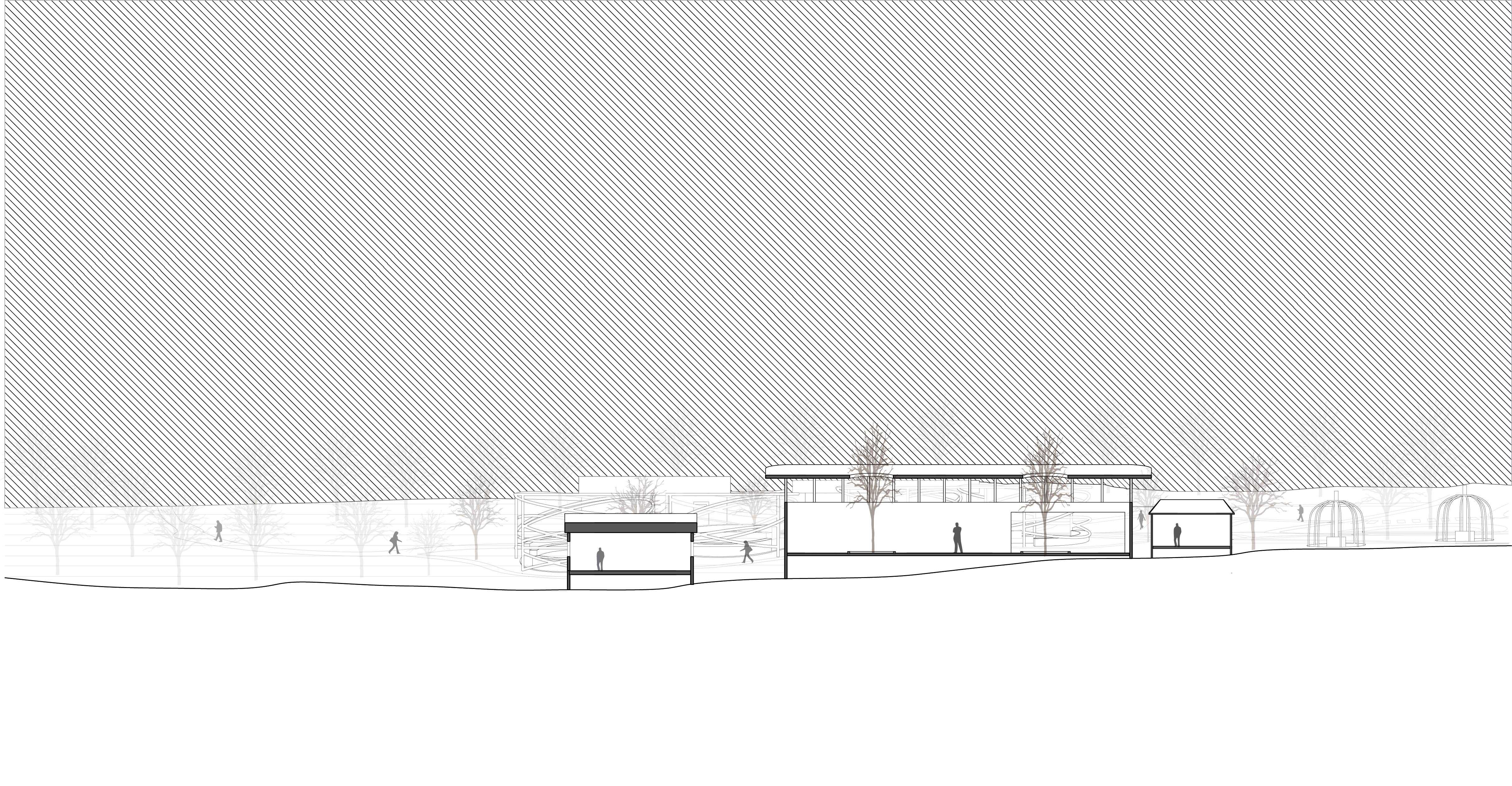 A section of the communal/cultural hub captures the unique nest facade system as well as the wavy paths specifically moving with the topography mimicking the black cockatoos flight paths