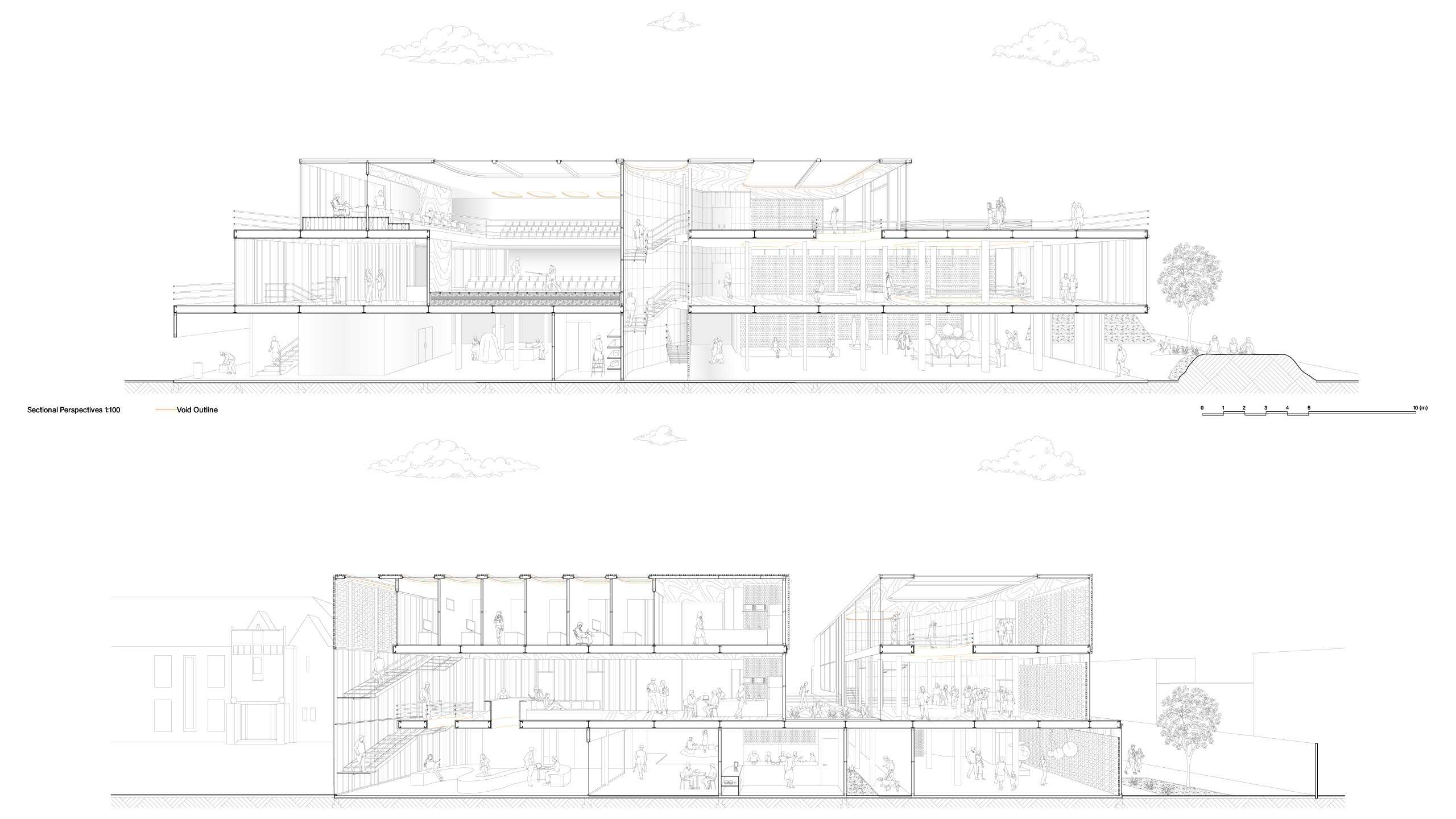 The Centre connects with Sky Country from its exterior orientation and axis to interior voids. Some voids span building height, while others span through different levels. 