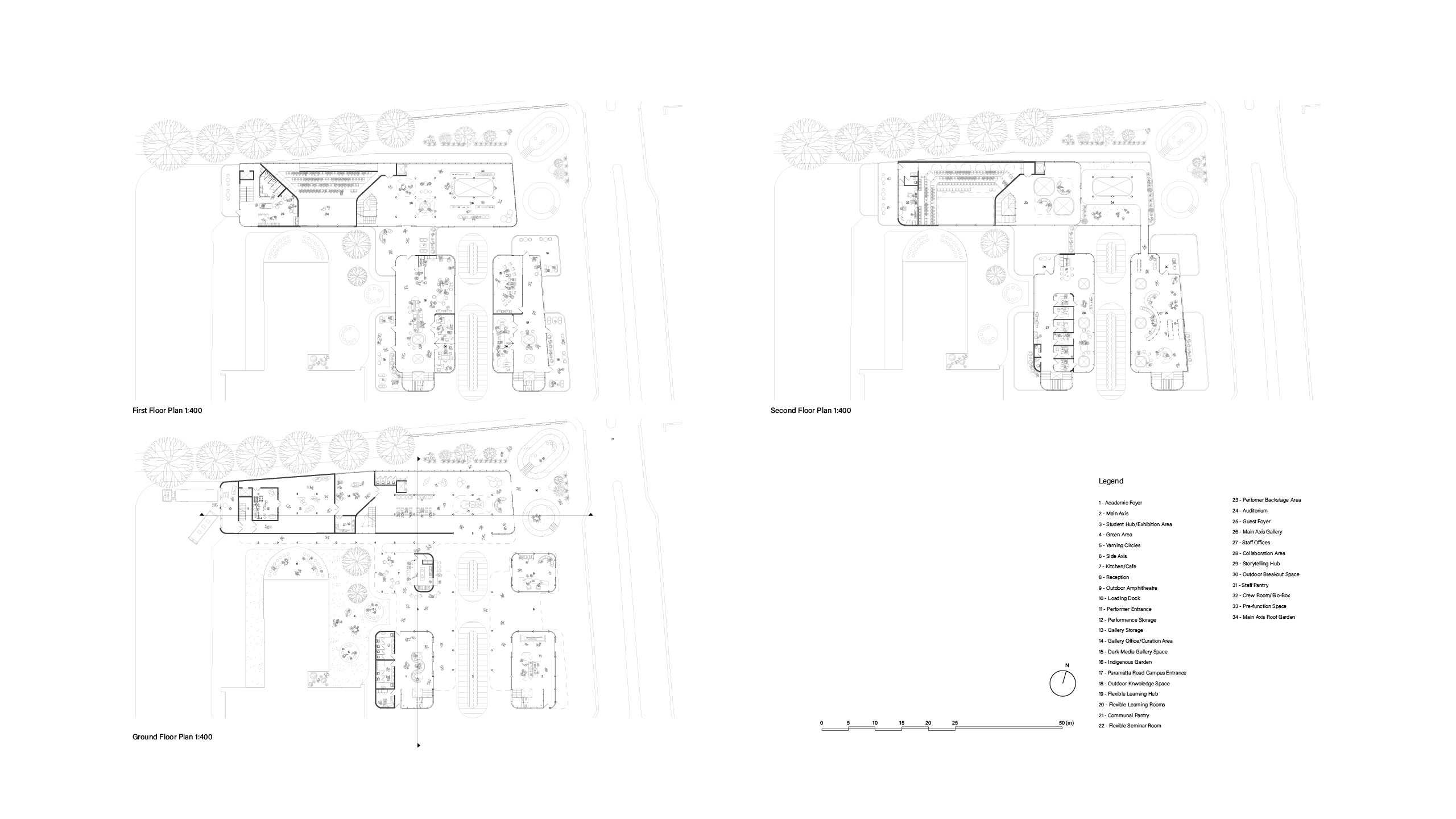 Thus, promoting conscious and unconscious connection and exchange between functions on different levels. Furthermore, each public stairway circulates around a building height void, accentuating the vertical connections.
