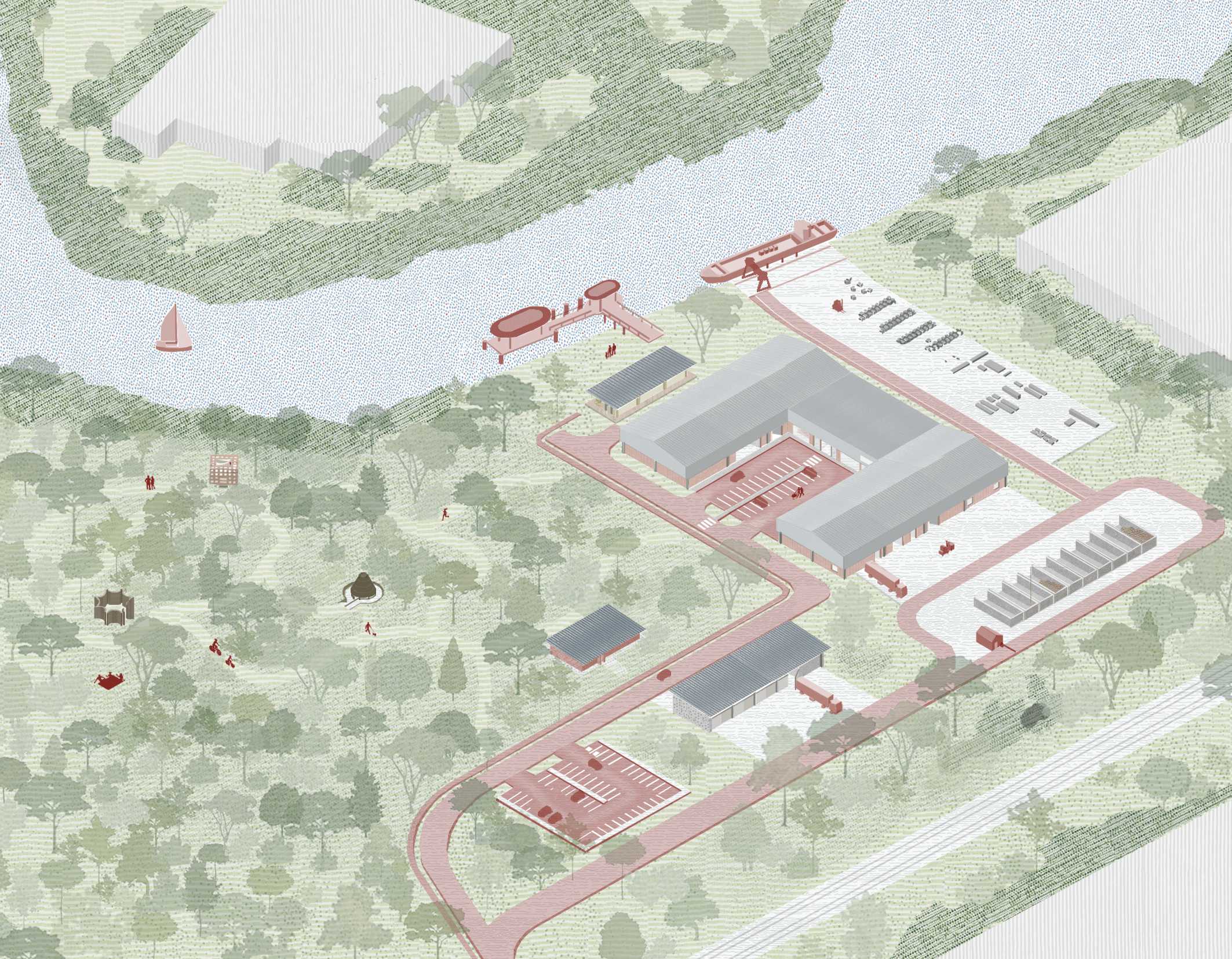 The adjoining nature reserve is the site of an annual pavilion competition, showcasing material innovation and extending the site’s public engagement beyond those who would ordinarily participate in material-reuse discourse.